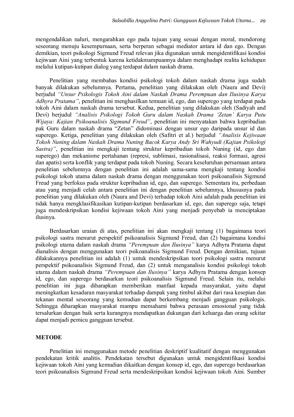 JURIS Gangguan Kejiwaan Tokoh Utama Perempuan dan Ilusinya Karya Adhyra Pratama Kajian Psikologi Sigmund Freud