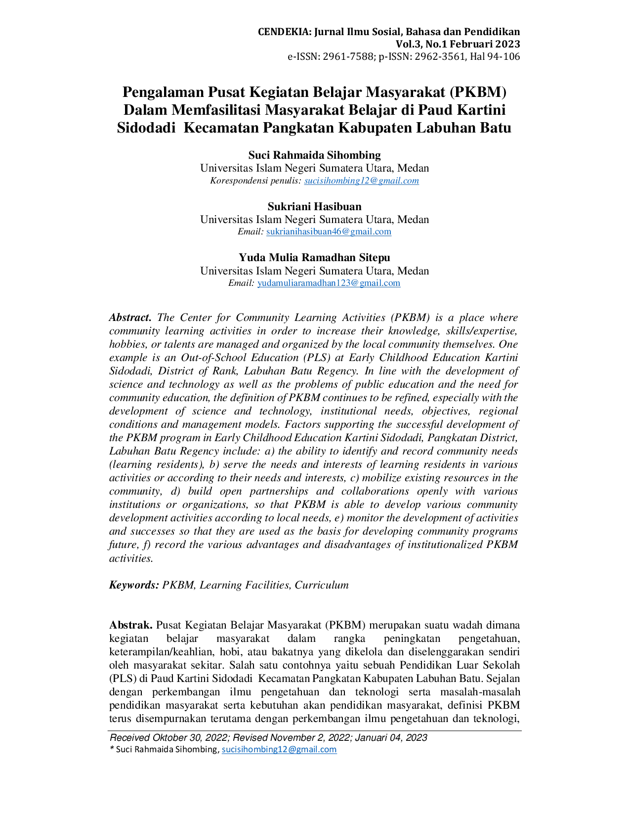 JURIS Pengalaman Pusat Kegiatan Belajar Masyarakat PKBM Dalam Memfasilitasi Masyarakat Belajar di Paud Kartini Sidodadi Kecamatan Pangkatan Kabupaten Labuhan Batu