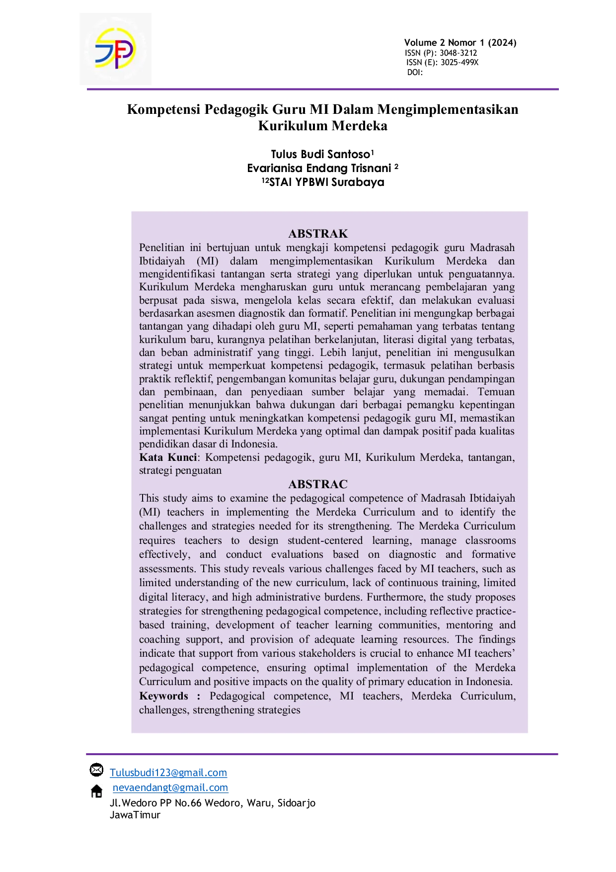 JURIS Kompetensi Pedagogik Guru MI dalam Mengimplementasikan Kurikulum