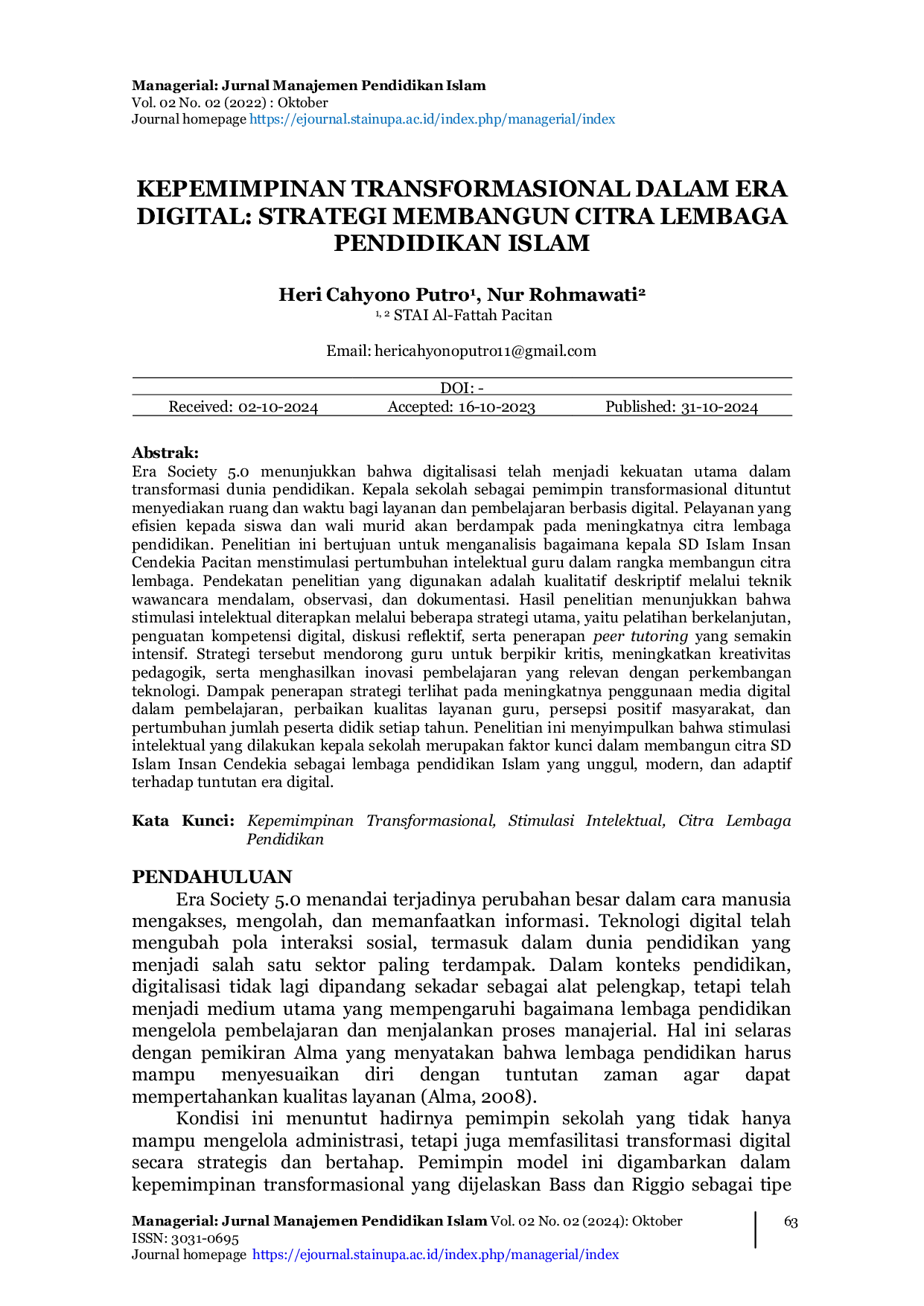 JURIS Kepemimpinan Transformasional dalam Era Digital Strategi Membangun Citra Lembaga Pendidikan Islam