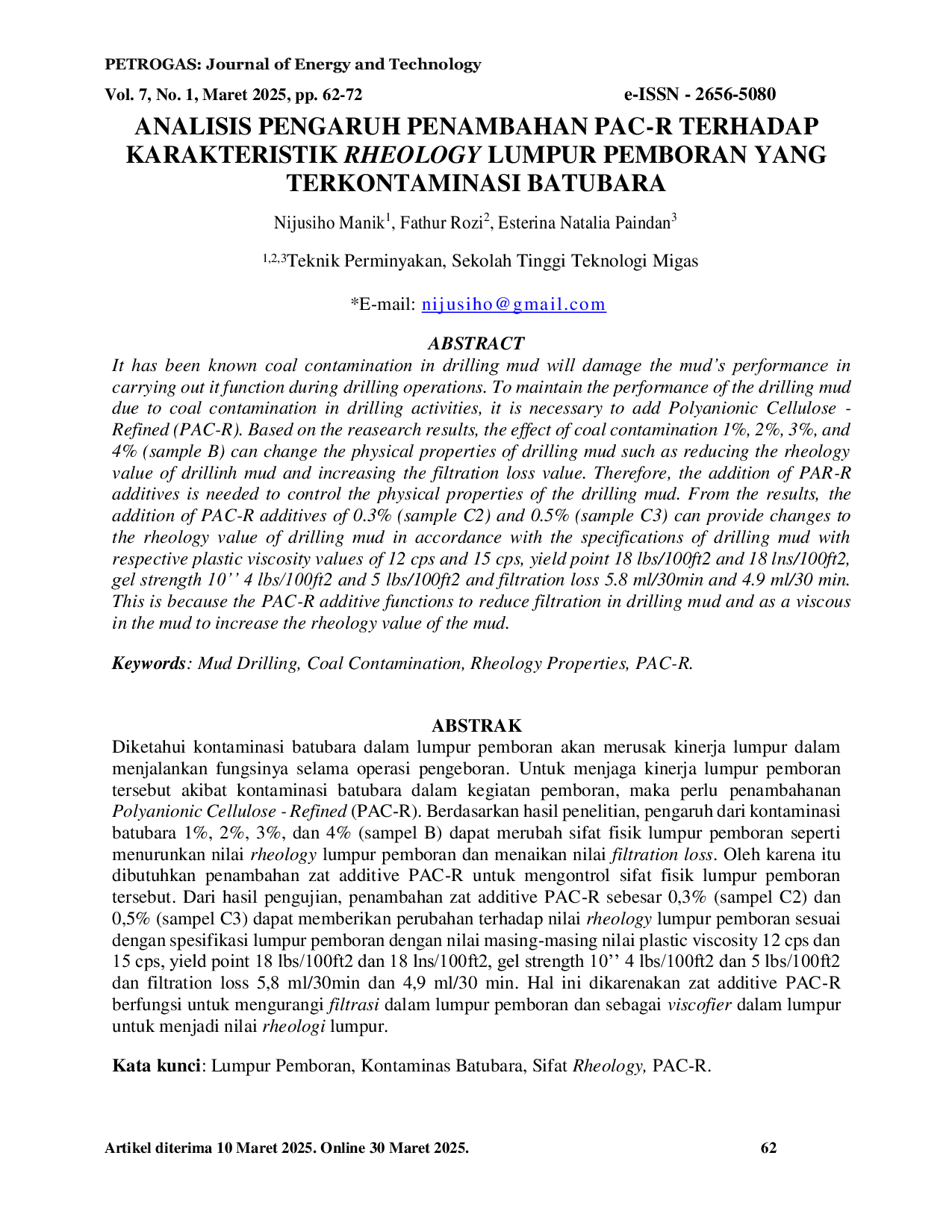 JURIS Analisis Pengaruh Penambahan PAC R terhadap Karakteristik Rheology Lumpur Pemboran yang Terkontaminasi Batubara