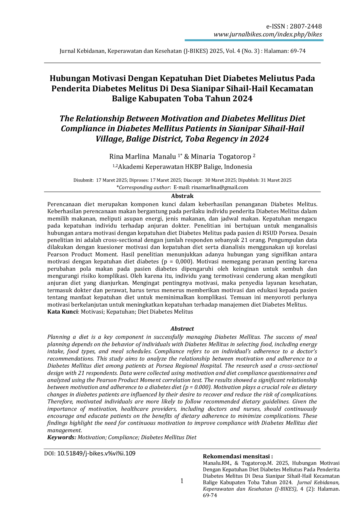 JURIS Hubungan Motivasi Dengan Kepatuhan Diet Diabetes Meliutus Pada Penderita Diabetes Melitus Di Desa Sianipar Sihail Hail Kecamatan Balige Kabupaten Toba Tahun 2024