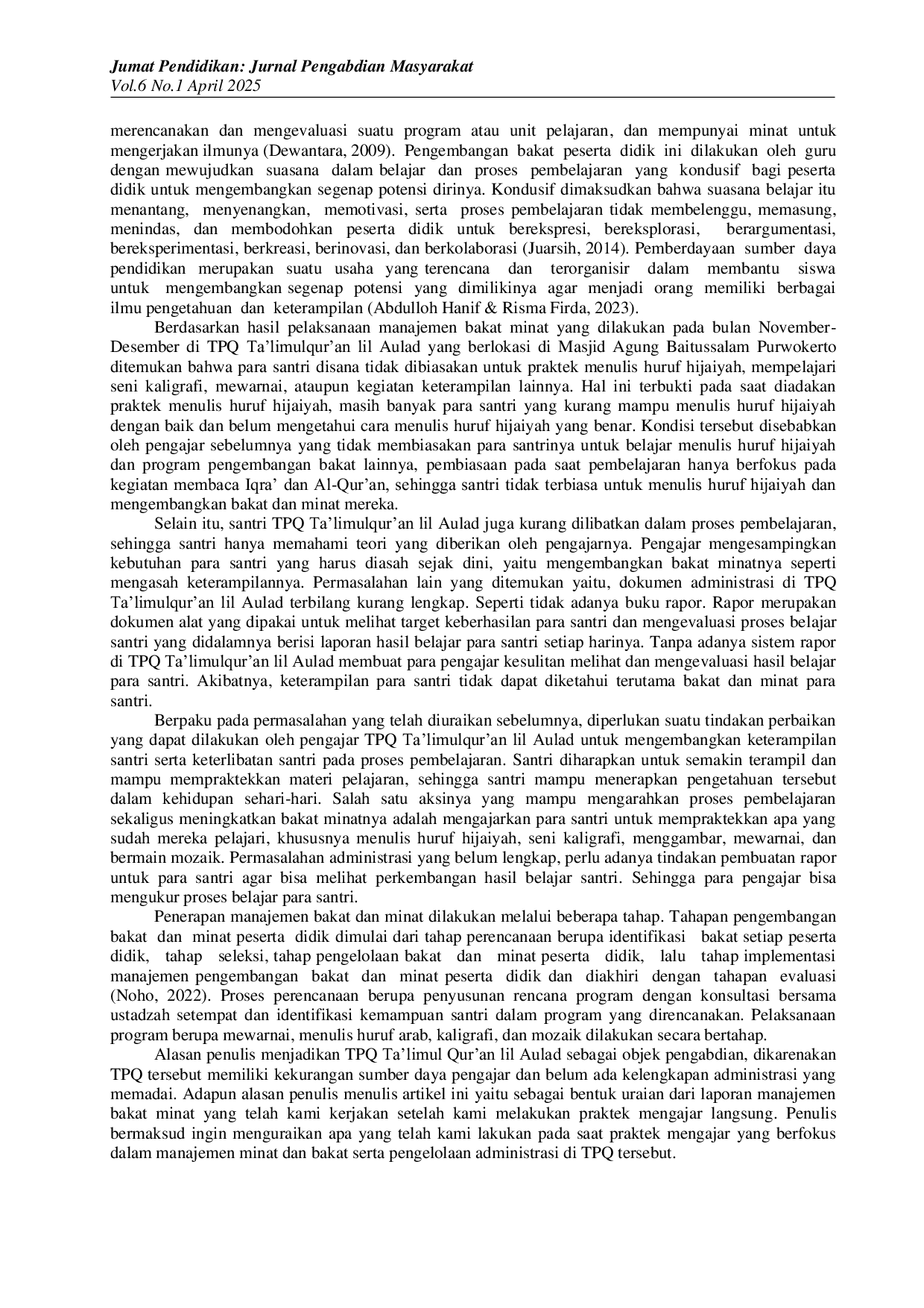 JURIS Internalisasi Program Pengembangan Bakat Minat di TPQ Masjid Agung Baitussalam Purwokerto