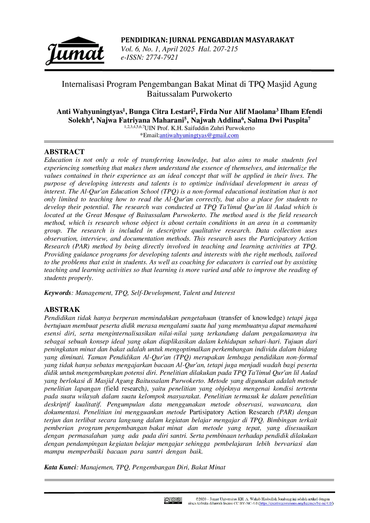 JURIS Internalisasi Program Pengembangan Bakat Minat di TPQ Masjid Agung Baitussalam Purwokerto