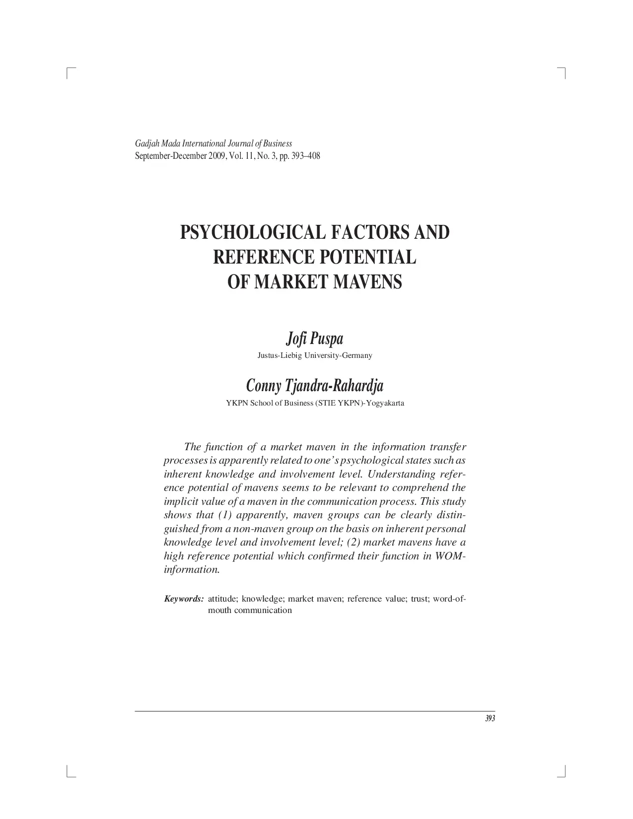 juris Psychological Factors and Reference Potential of Market Mavens