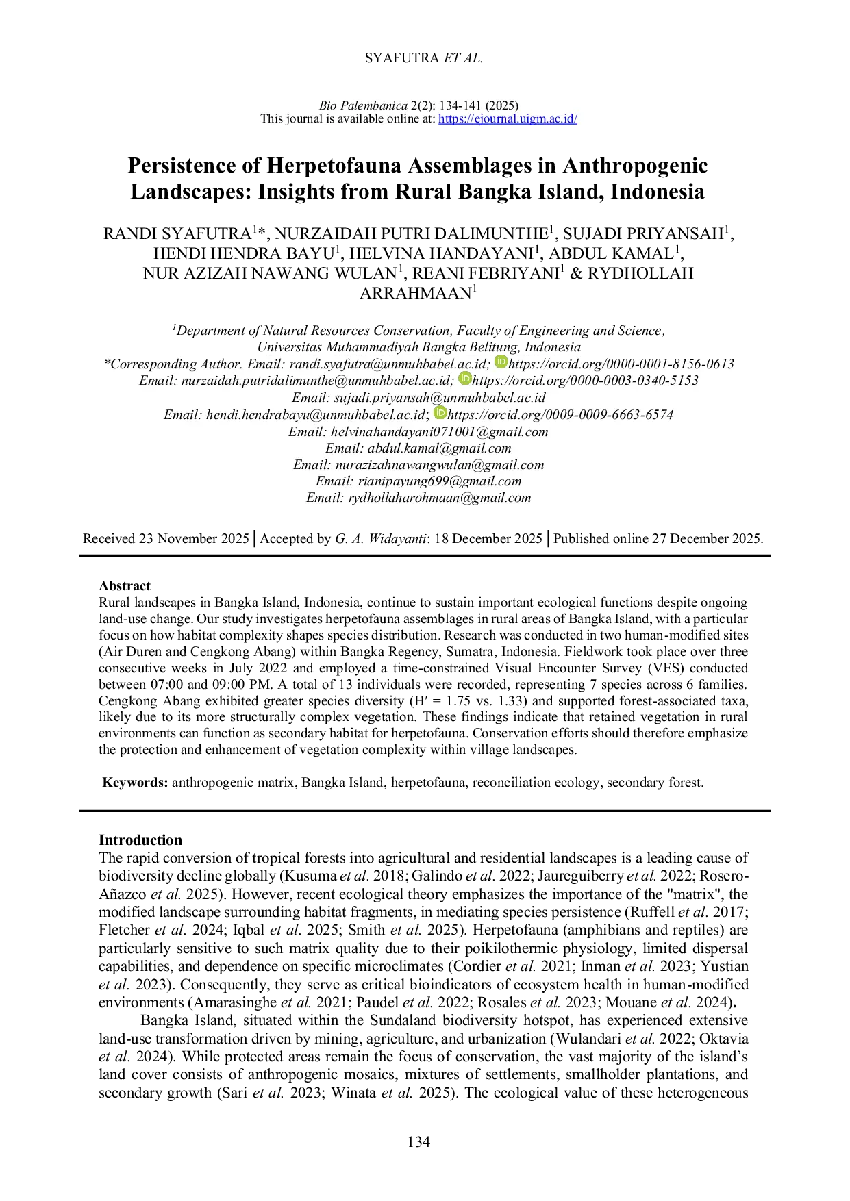 JURIS Persistence of Herpetofaunal Assemblages in Anthropogenic Landscapes Insights from Rural Bangka Island Indonesia