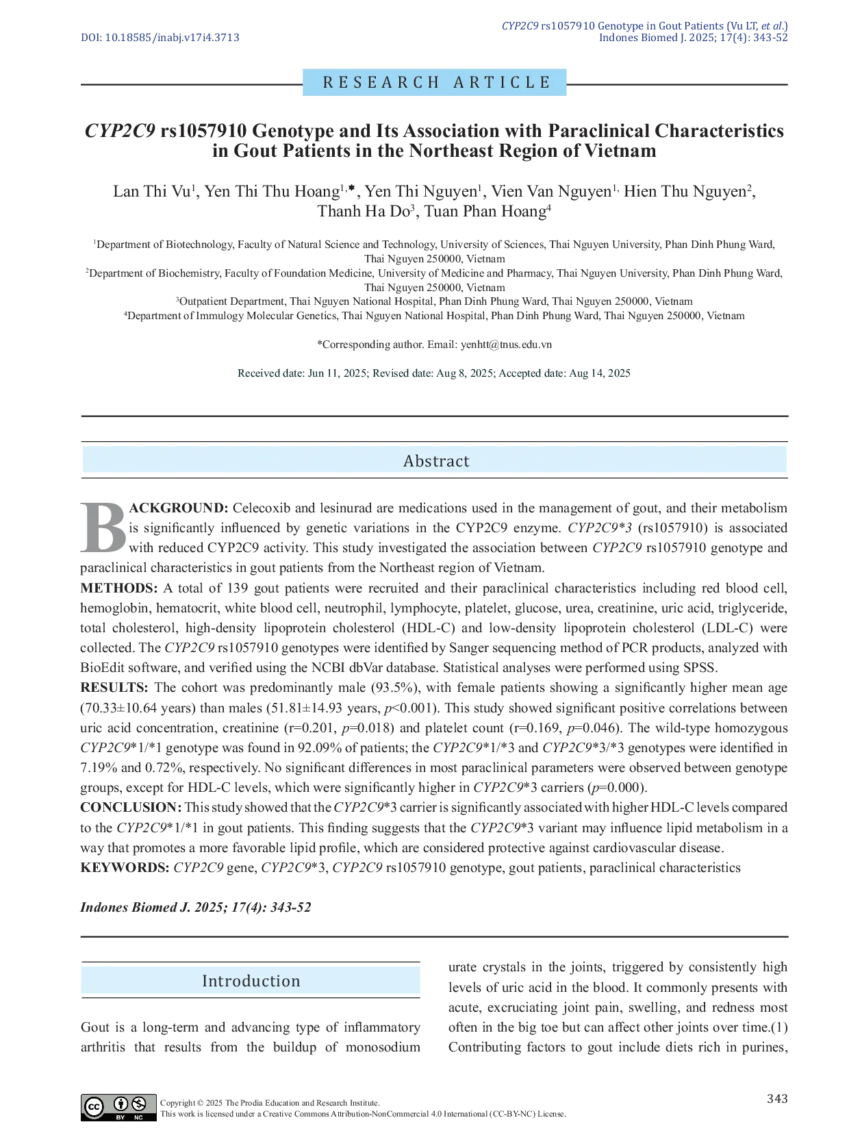 JURIS CYP2C9 rs1057910 Genotype and Its Association with Paraclinical Characteristics in Gout Patients in the Northeast Region of Vietnam