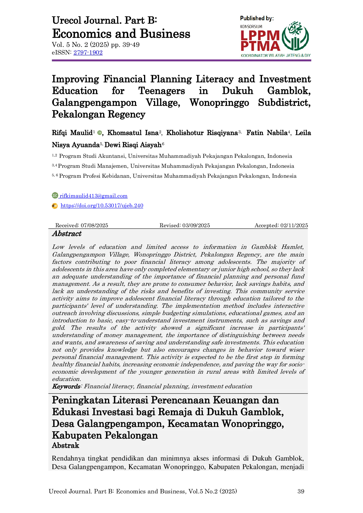 JURIS Improving Financial Planning Literacy and Investment Education for Teenagers in Dukuh Gamblok Galangpengampon Village Wonopringgo Subdistrict Pekalongan Regency