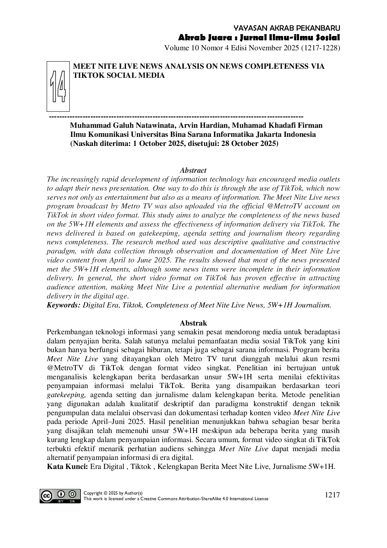 JURIS Meet Nite Live News Analysis on News Completeness via Tiktok Social Media