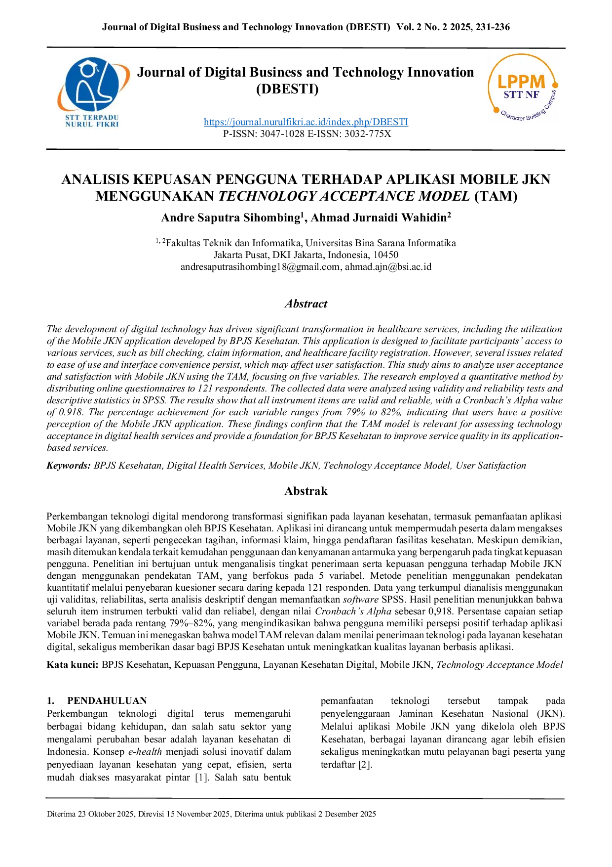 JURIS Analisis Kepuasan Pengguna terhadap Aplikasi Mobile JKN Menggunakan Technology Acceptance Model TAM