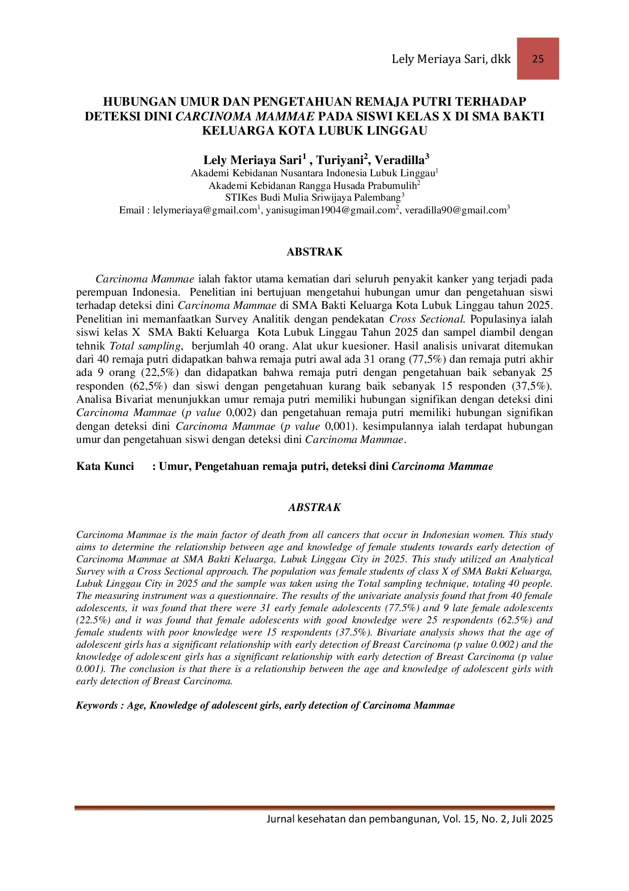 JURIS HUBUNGAN UMUR DAN PENGETAHUAN REMAJA PUTRI TERHADAP DETEKSI DINI CARCINOMA MAMMAE PADA SISWI KELAS X DI SMA BAKTI KELUARGA KOTA LUBUK LINGGAU