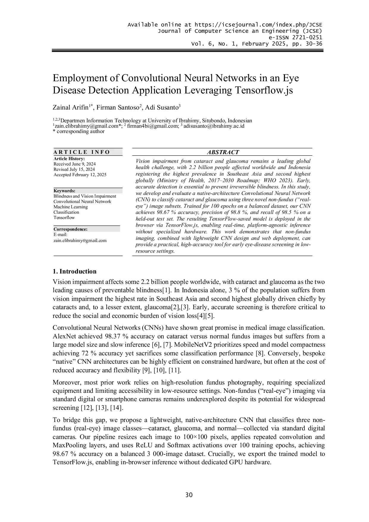 JURIS Employment of Convolutional Neural Networks in an Eye Disease Detection Application Leveraging Tensorflow js