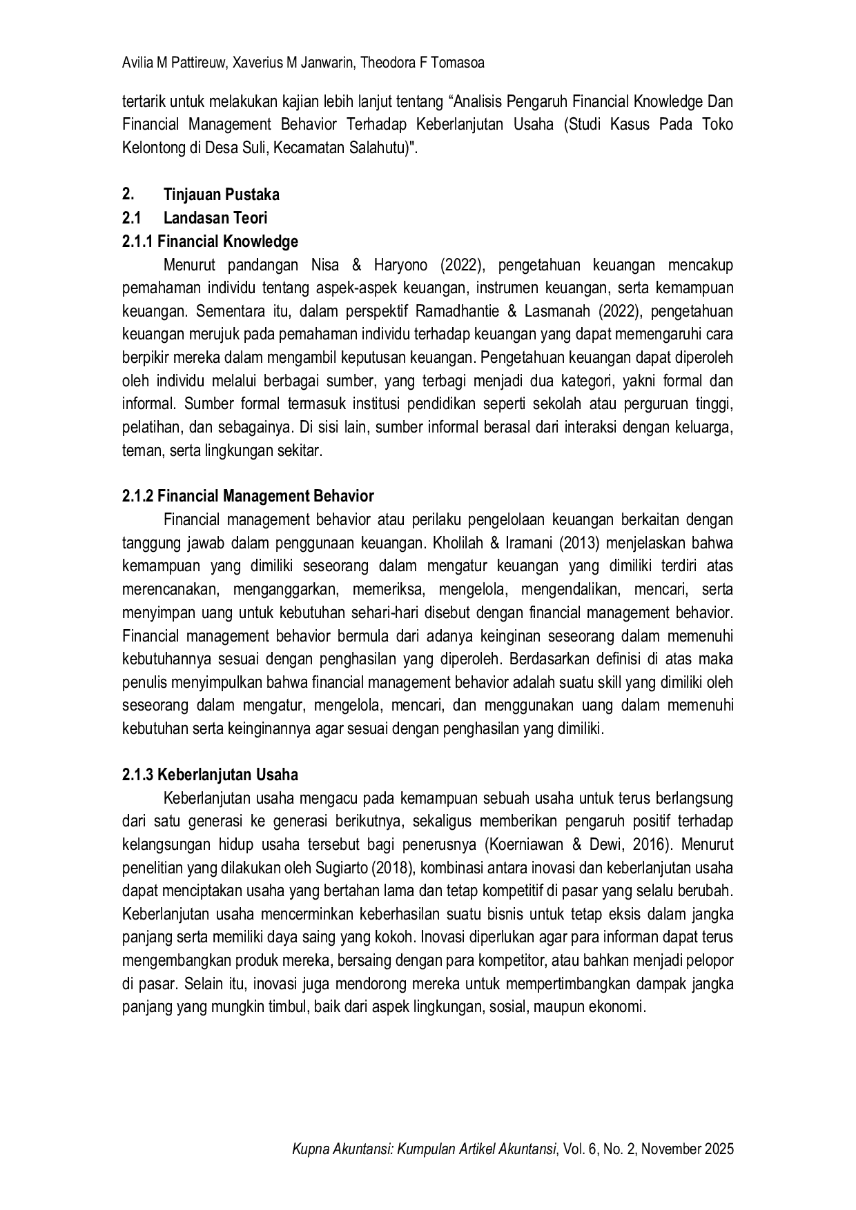 JURIS Pengaruh Financial Knowledge dan Financial Management Behavior Terhadap Keberlanjutan Usaha Studi Kasus Pada Toko Kelontong di Desa Suli Kecamatan Salahutu