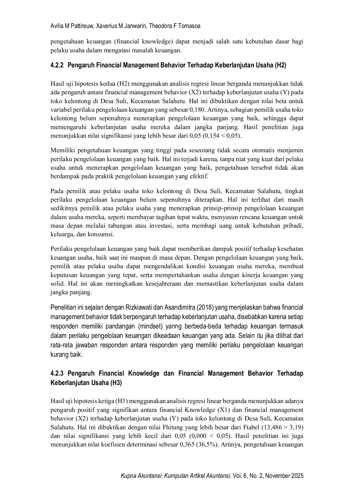 JURIS Pengaruh Financial Knowledge dan Financial Management Behavior Terhadap Keberlanjutan Usaha Studi Kasus Pada Toko Kelontong di Desa Suli Kecamatan Salahutu