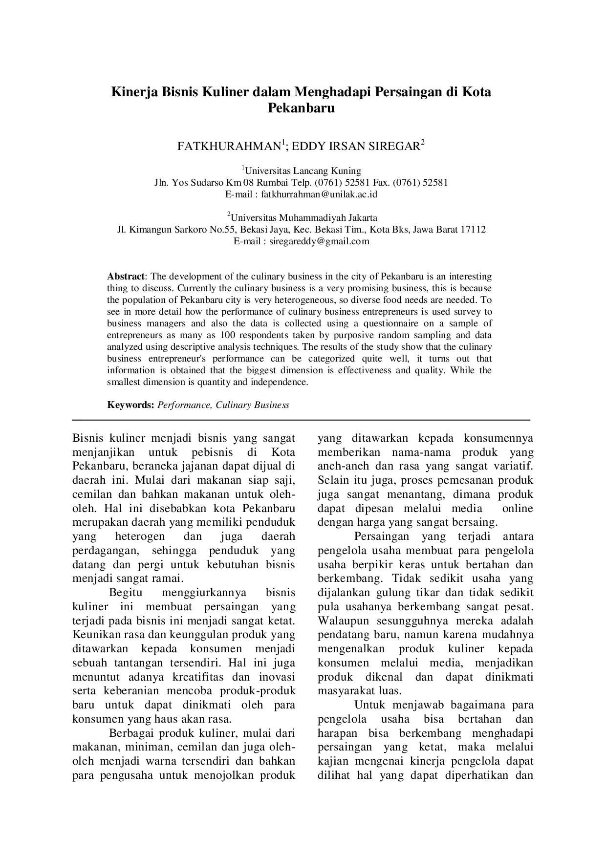 juris Kinerja Bisnis Kuliner Dalam Menghadapi Persaingan di Kota Pekanbaru
