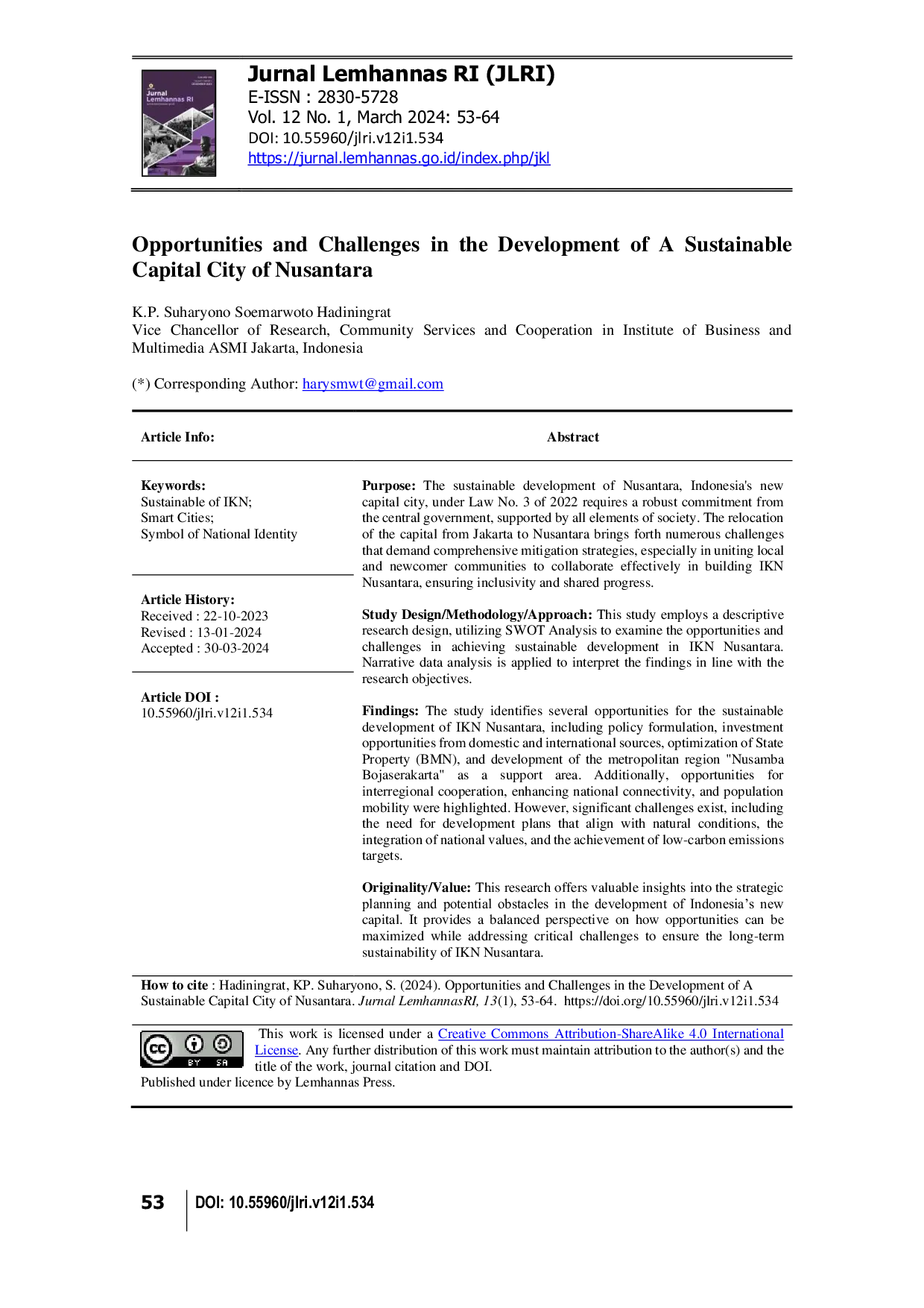 JURIS Opportunities and Challenges in the Development of A Sustainable Capital City of Nusantara