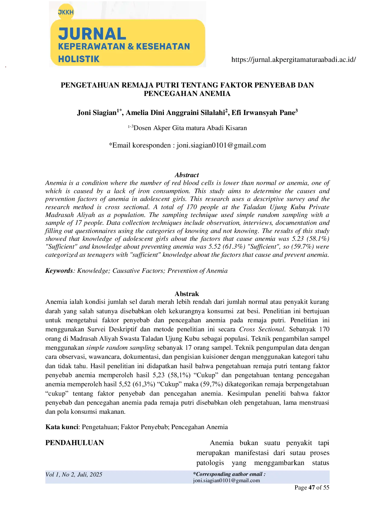 JURIS Pengetahuan Remaja Putri Tentang Faktor Penyebab Dan Pencegahan Anemia