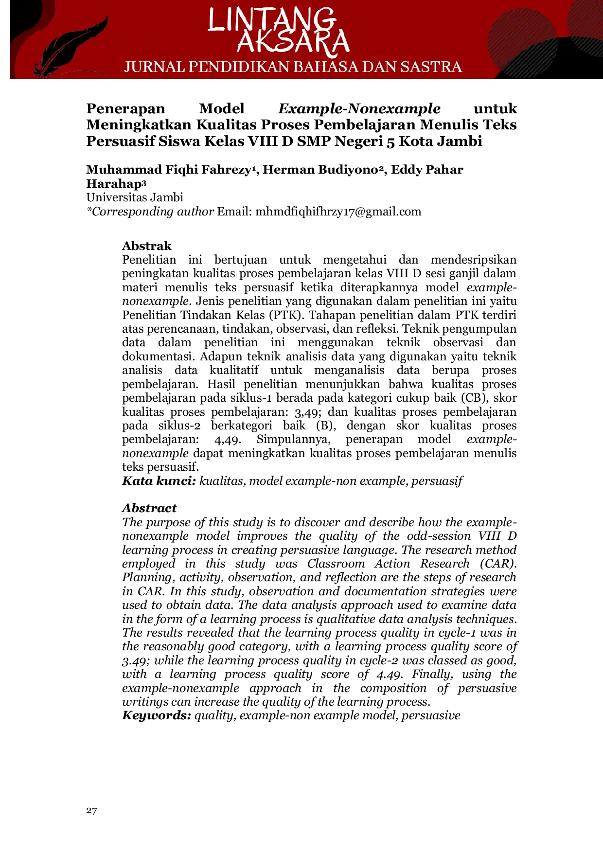 JURIS Penerapan Model Example Nonexample Untuk Meningkatkan Kualitas Proses Pembelajaran Menulis Teks Persuasif Siswa Kelas Viii D Smp Negeri 5 Kota Jambi