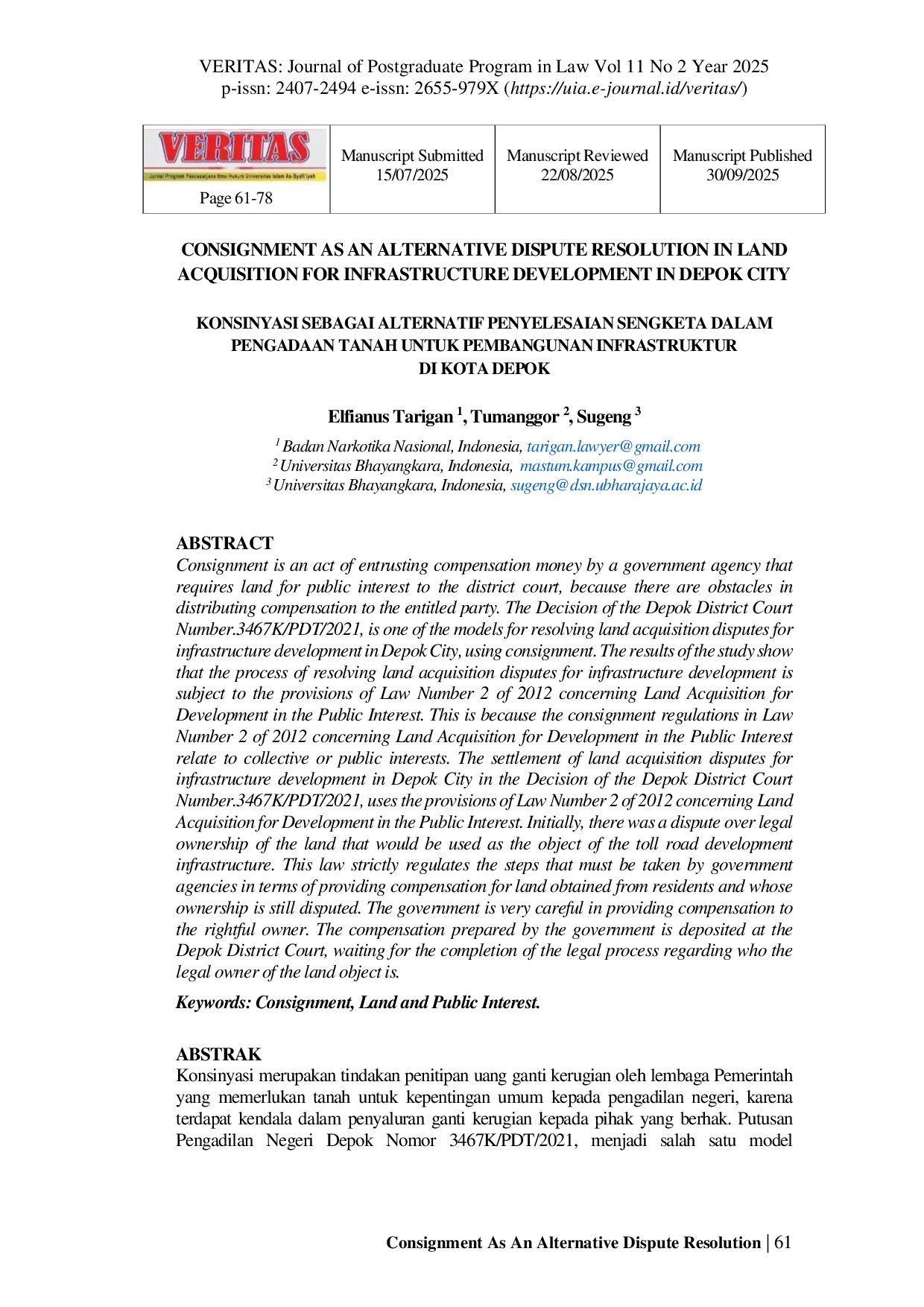 JURIS Consignment As An Alternative Dispute Resolution In Land Acquisition For Infrastructure Development In Depok City