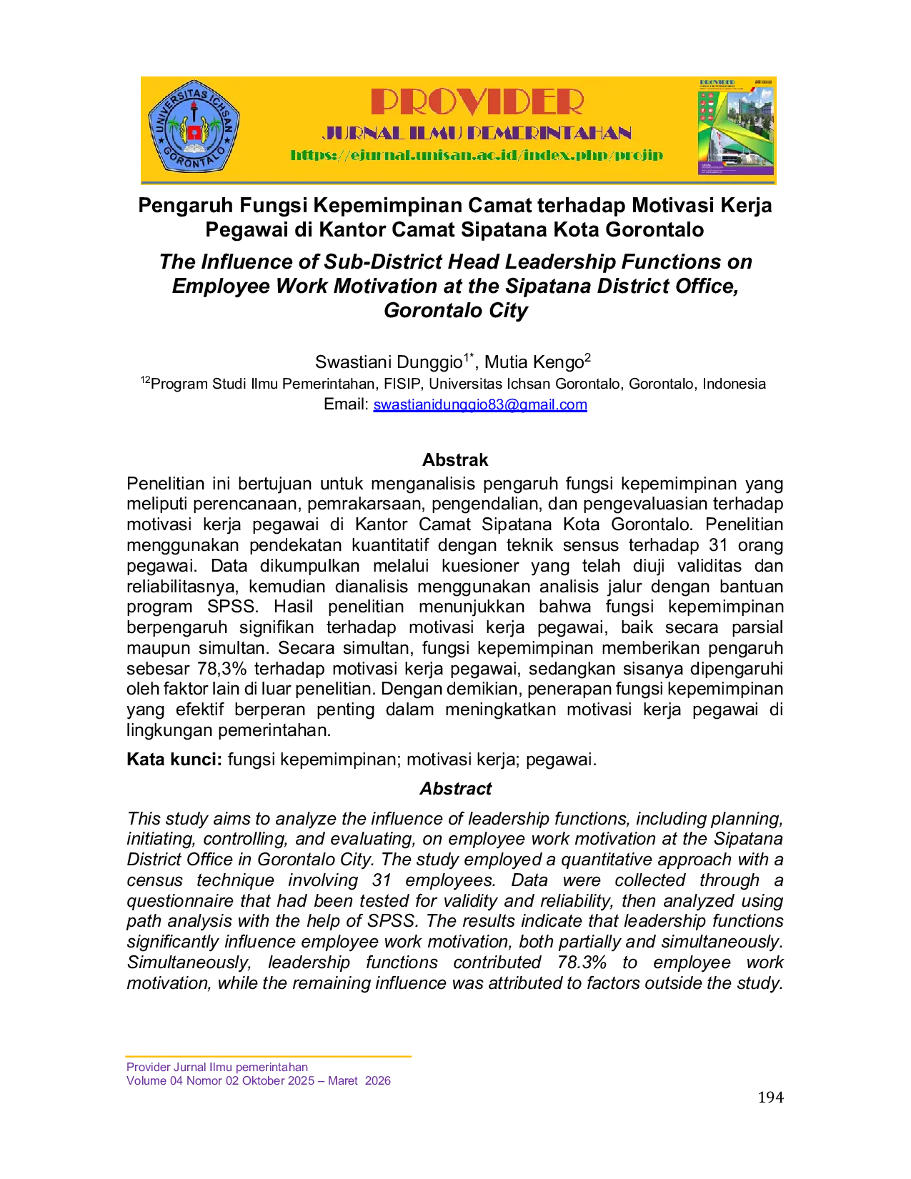 JURIS Pengaruh Fungsi Kepemimpinan Camat terhadap Motivasi Kerja Pegawai di Kantor Camat Sipatana Kota Gorontalo