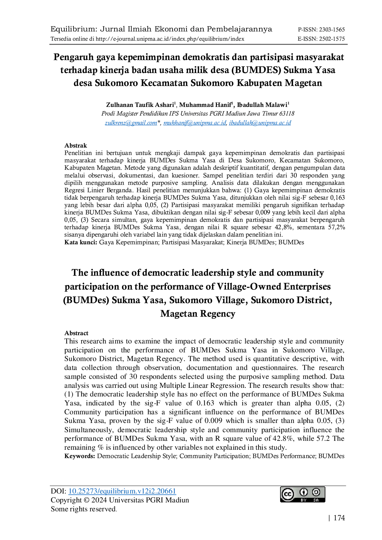 JURIS Pengaruh gaya kepemimpinan demokratis dan partisipasi masyarakat terhadap kinerja badan usaha milik desa BUMDES Sukma Yasa desa Sukomoro Kecamatan Sukomoro Kabupaten Magetan