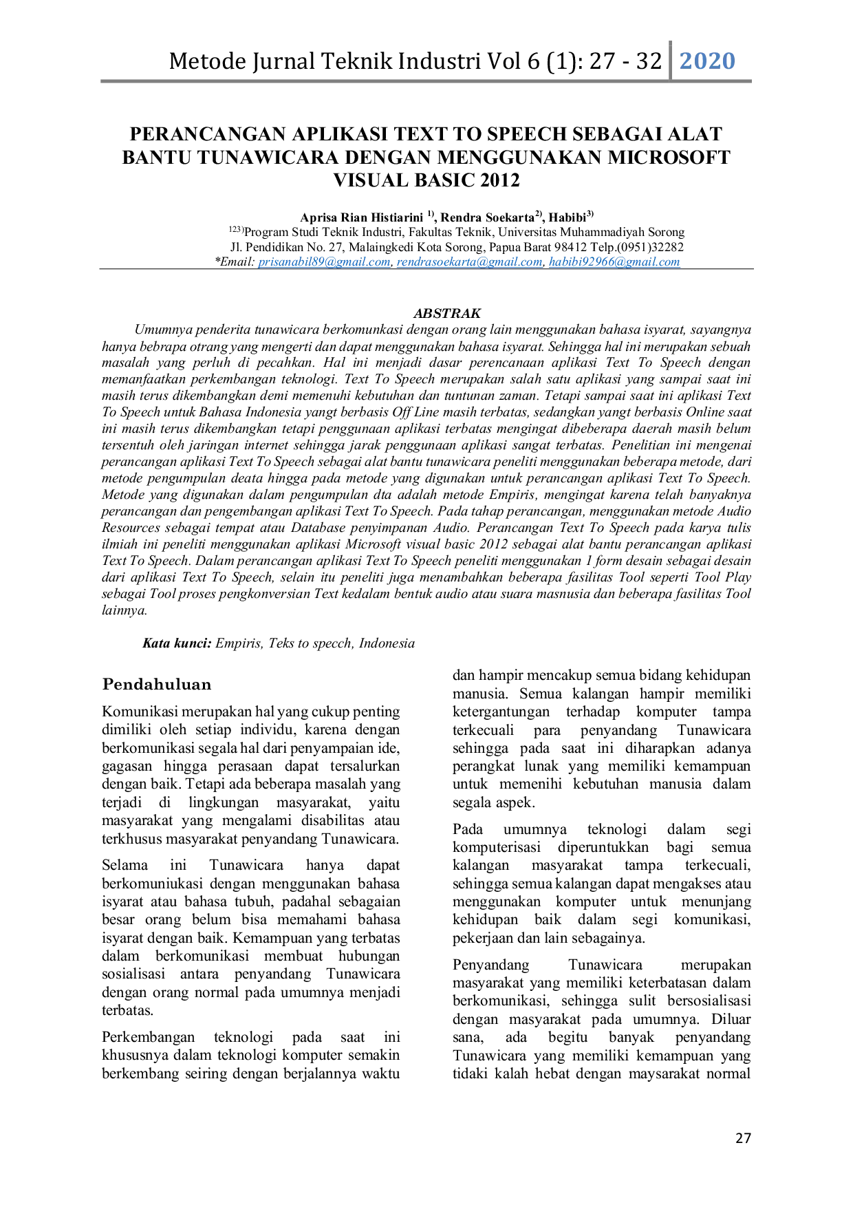 JURIS Perancangan Aplikasi Text To Speech Sebagai Alat Bantu Tunawicara Dengan Menggunakan Microsoft Visual Basic 2012