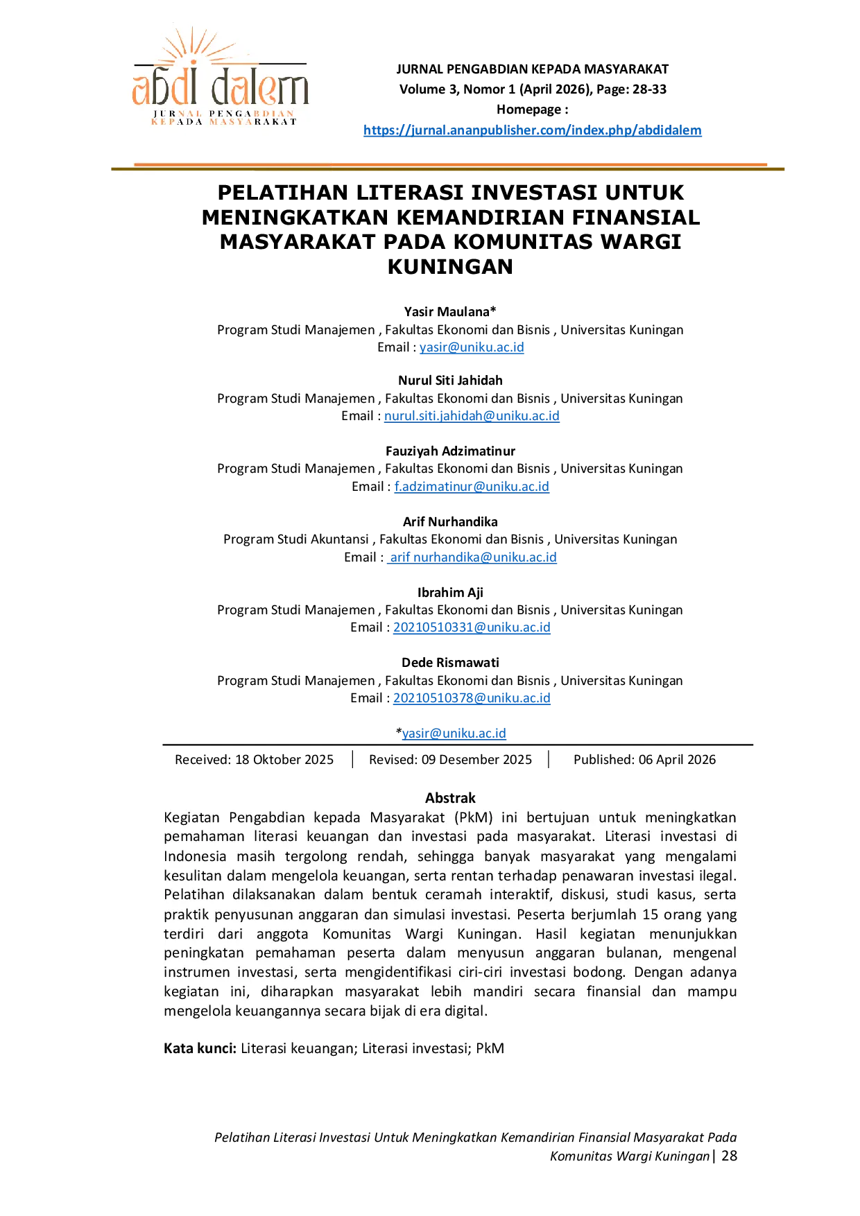 JURIS Pelatihan Literasi Investasi Untuk Meningkatkan Kemandirian Finansial Masyarakat Pada Komunitas Wargi Kuningan