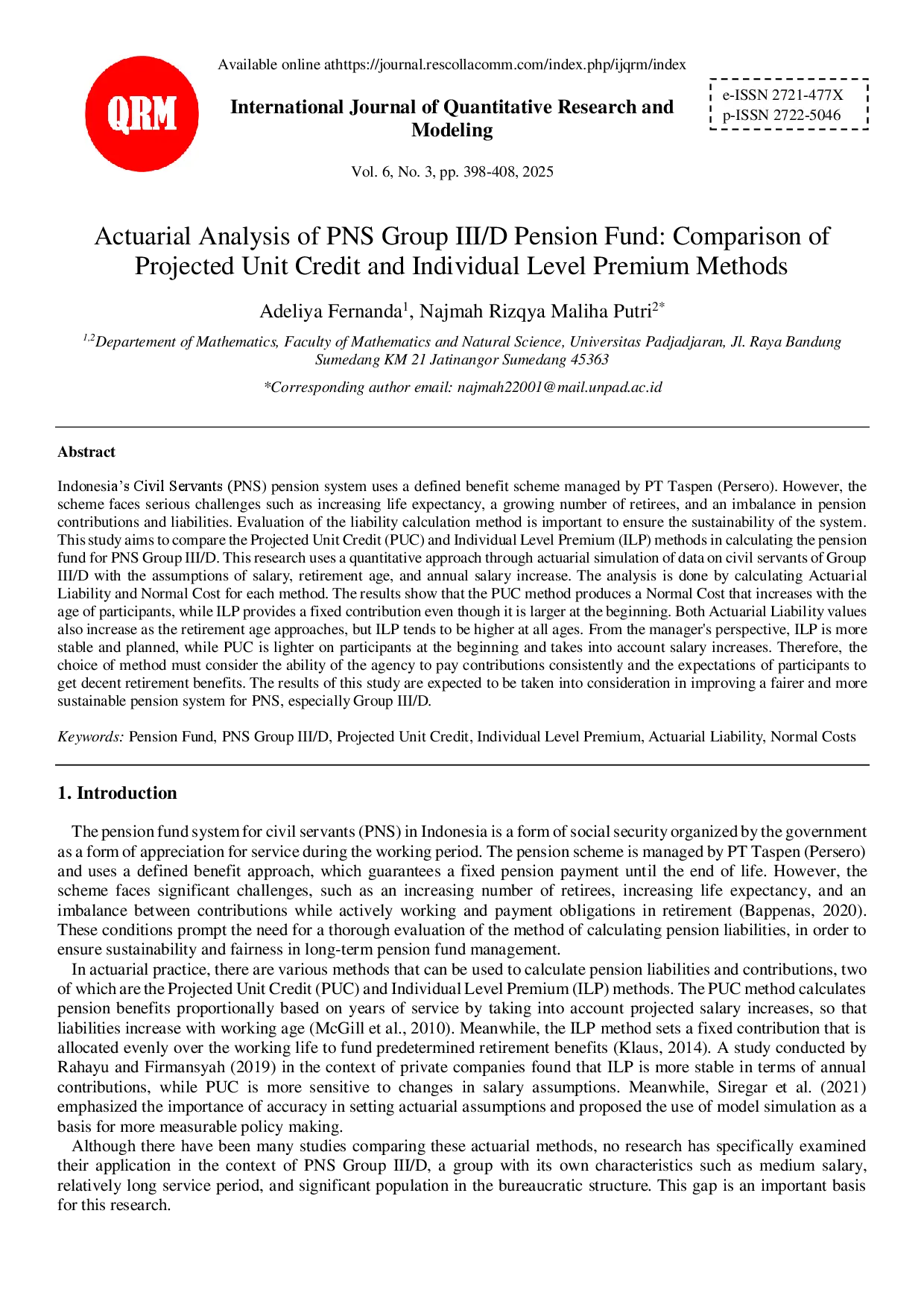 juris Actuarial Analysis of PNS Group III D Pension Fund Comparison of Projected Unit Credit and Individual Level Premium Methods