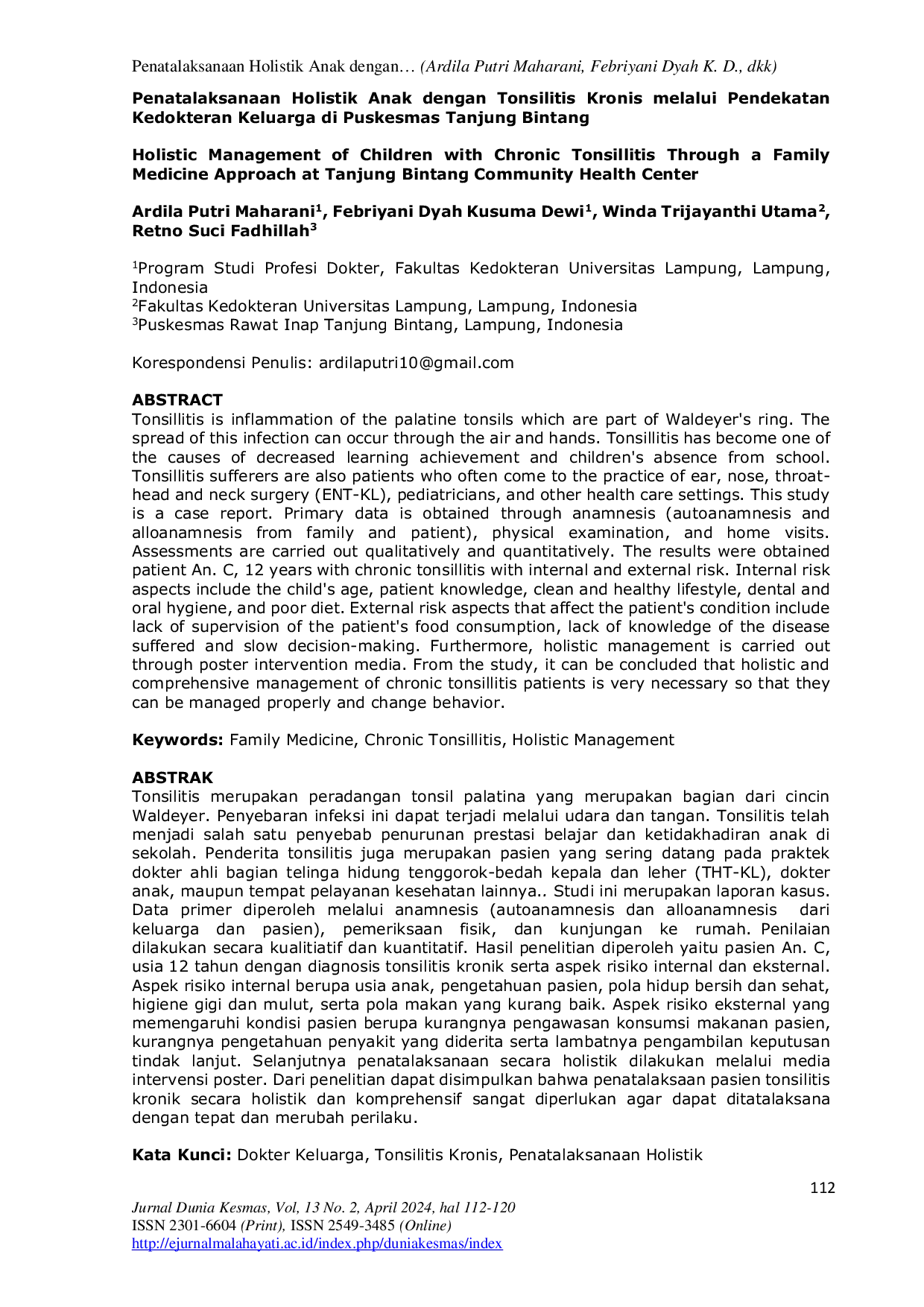 JURIS Penatalaksanaan Holistik Anak dengan Tonsilitis Kronis melalui Pendekatan Kedokteran Keluarga di Puskesmas Tanjung Bintang