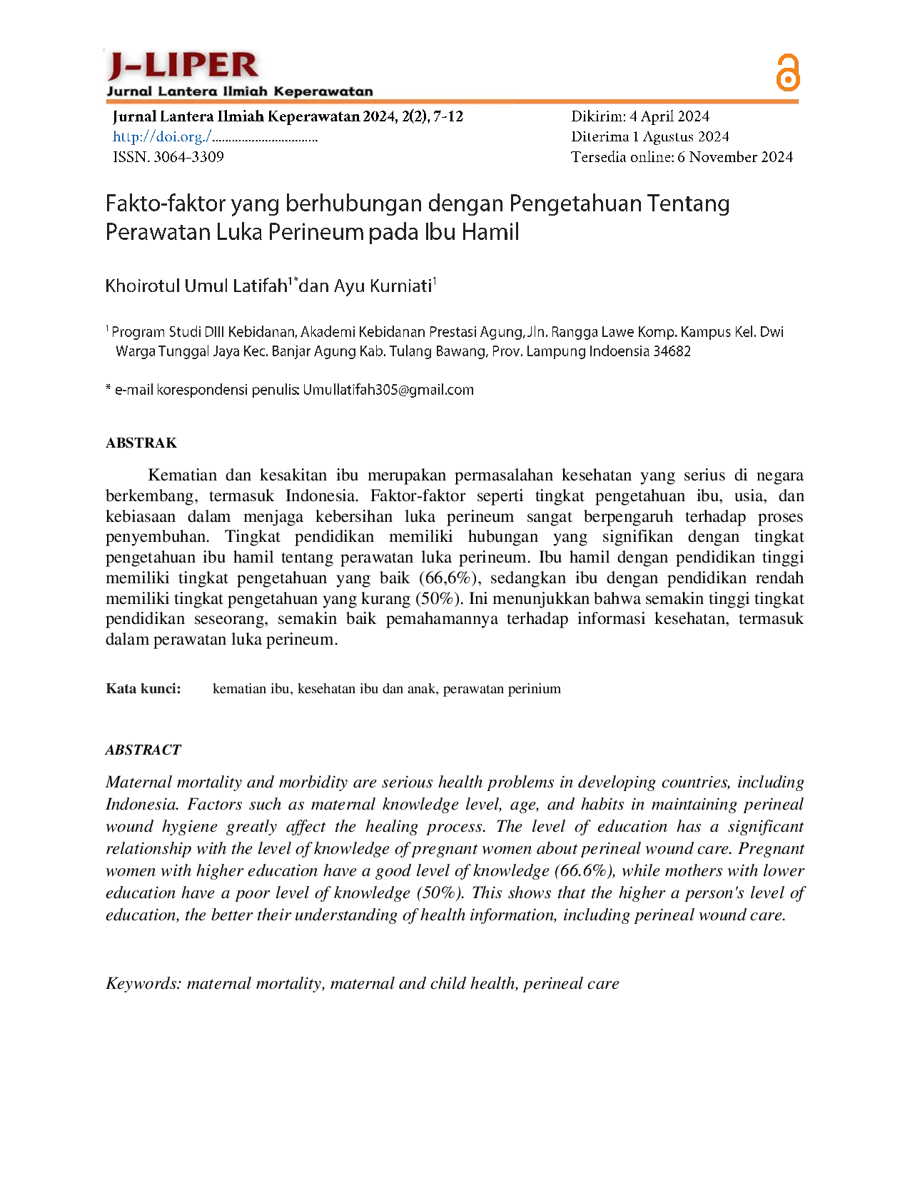 JURIS Fakto faktor yang berhubungan dengan Pengetahuan Tentang Perawatan Luka Perineum pada Ibu Hamil