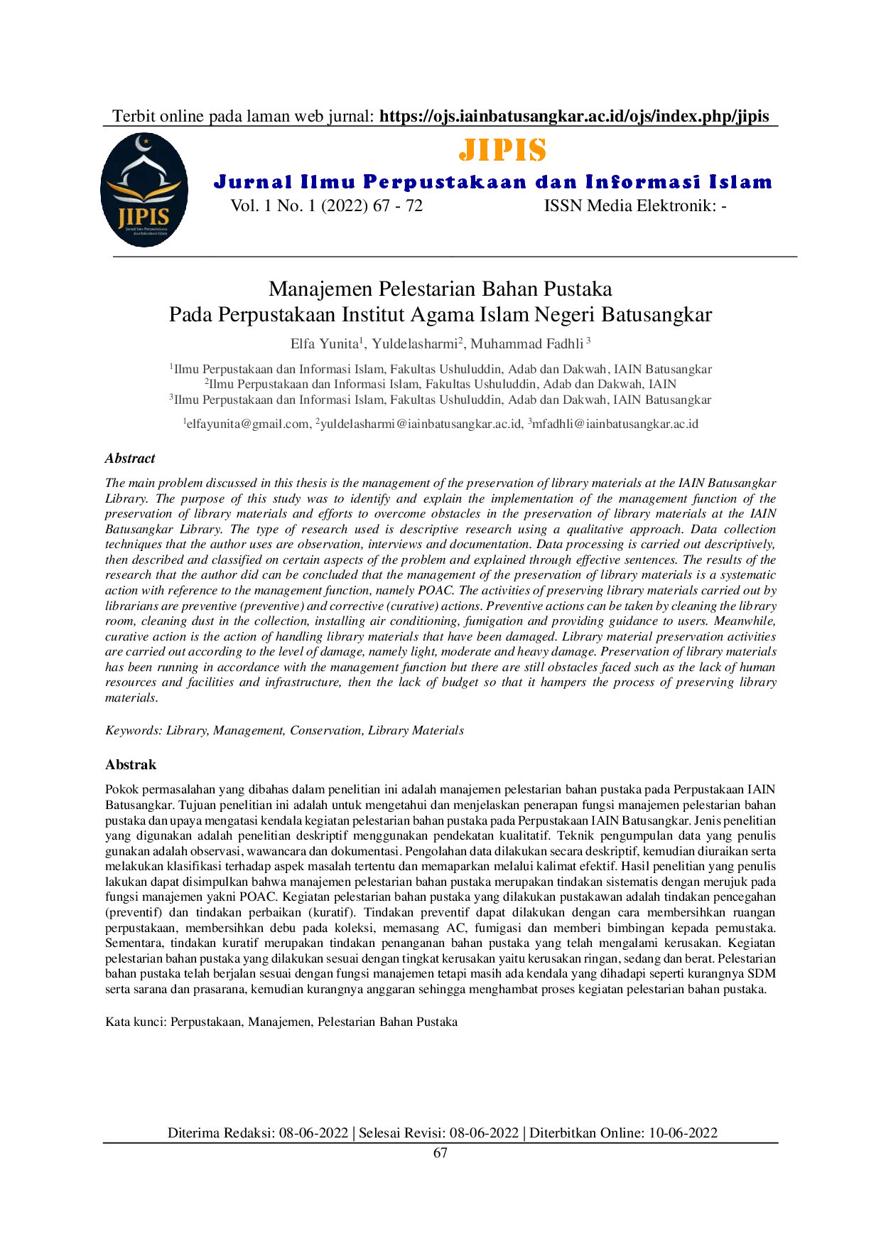 juris Manajemen Pelestarian Bahan Pustaka Pada Perpustakaan Institut Agama Islam Negeri Batusangkar
