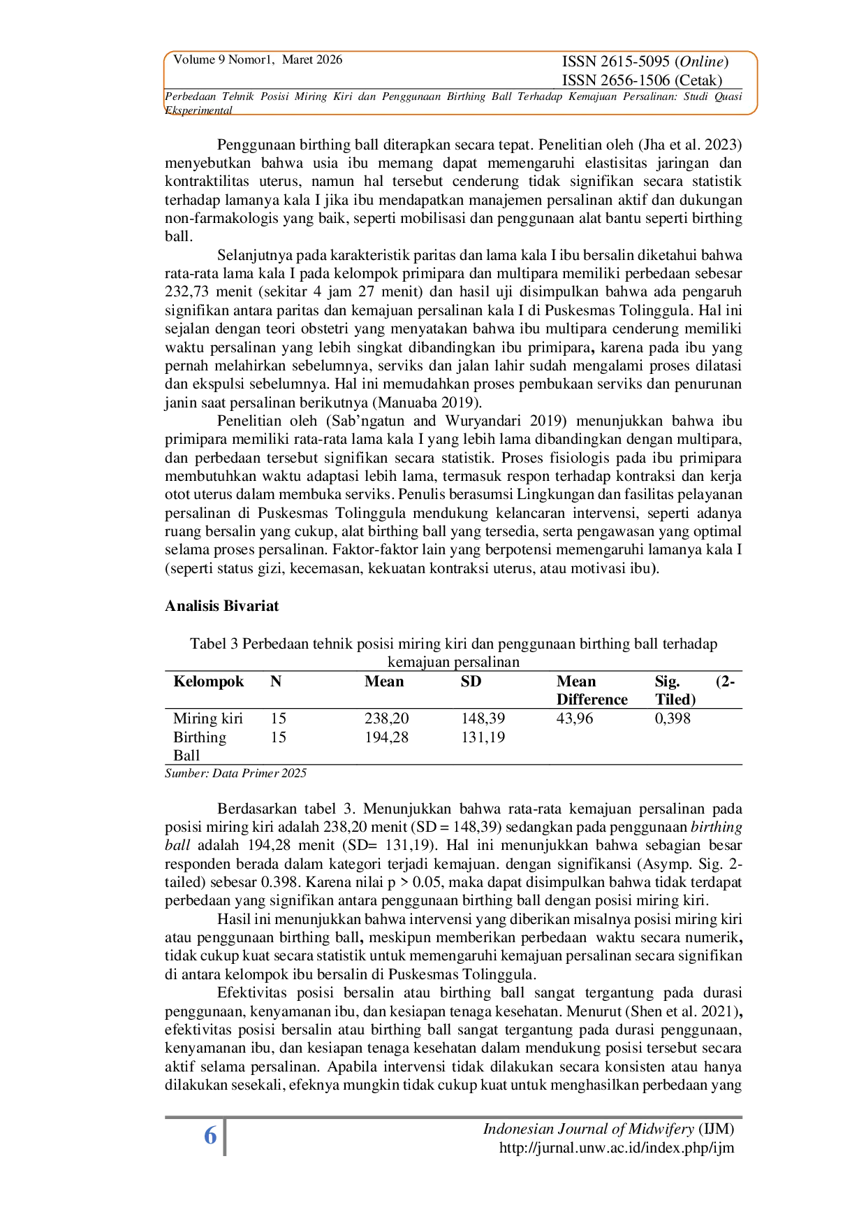 JURIS Perbedaan Tehnik Posisi Miring Kiri dan Penggunaan Birthing Ball Terhadap Kemajuan Persalinan Studi Quasi Eksperimental The Differences In The Left Lateral Position Technique And The Use Of A Birth