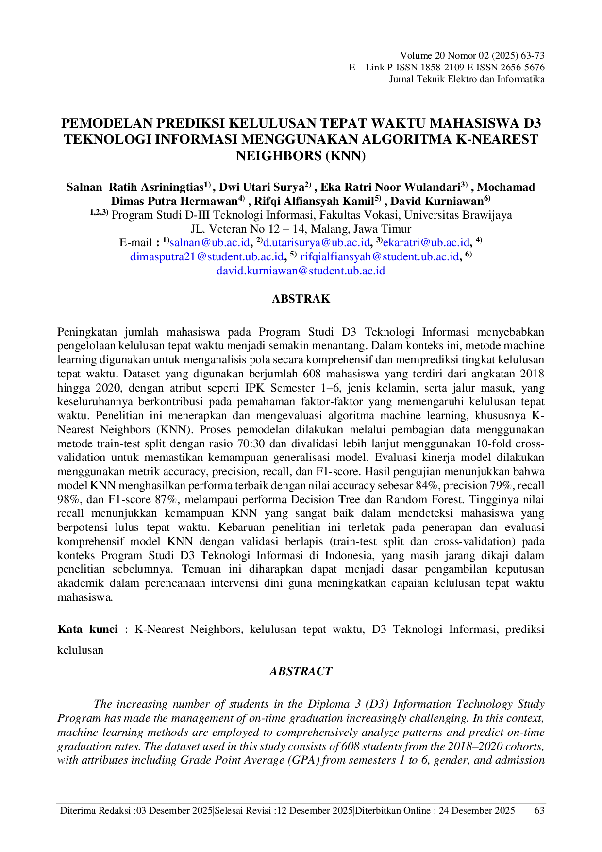 JURIS Pemodelan Prediksi Kelulusan Tepat Waktu Mahasiswa D3 Teknologi Informasi Menggunakan Algoritma K Nearest Neighbors KNN