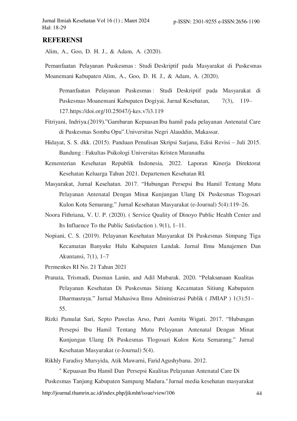 JURIS Persepsi Ibu Hamil Tentang Mutu Pelayanan Kebidanan Sesuai Permenkes No 21 Tahun 2021 Terhadap Minat Kunjungan Ulang ANC Pada Masa Pandemi Covid 19