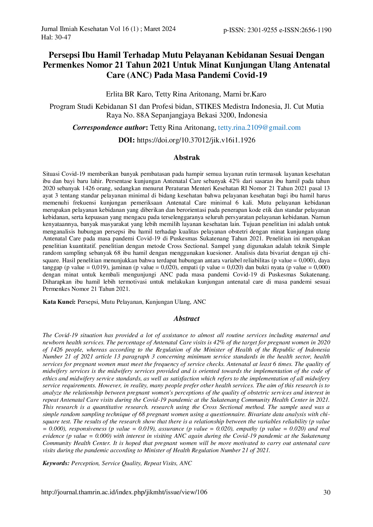 JURIS Persepsi Ibu Hamil Tentang Mutu Pelayanan Kebidanan Sesuai Permenkes No 21 Tahun 2021 Terhadap Minat Kunjungan Ulang ANC Pada Masa Pandemi Covid 19
