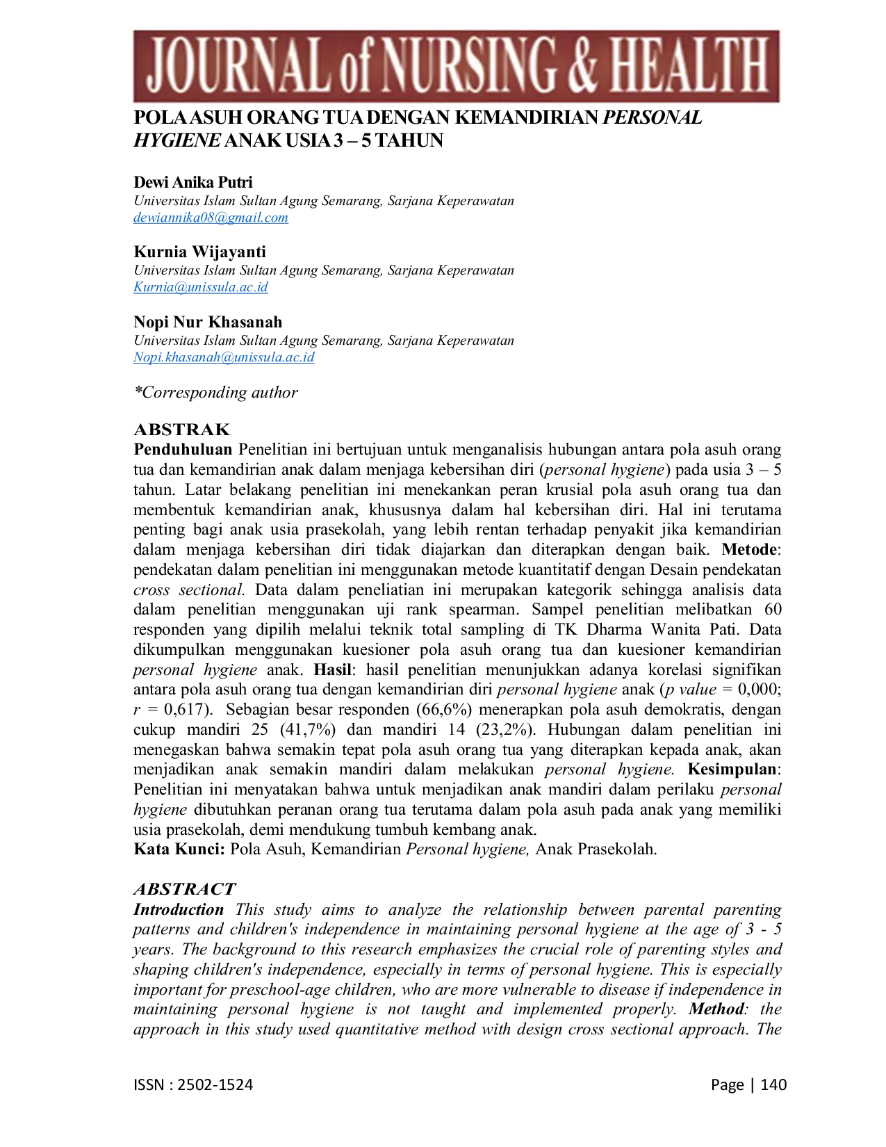 JURIS Pola Asuh Orang Tua dengan Kemandirian Personal Hygiene Anak Usia 3 5 Tahun