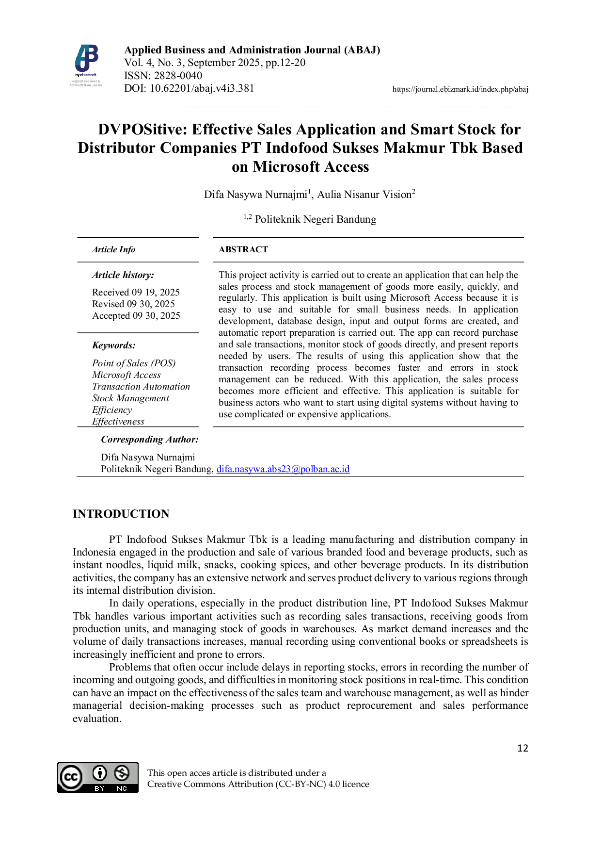 JURIS DVPOSitive Effective Sales Application and Smart Stock for DistributorCompanies PT Indofood Sukses Makmur Tbk Based on Microsoft Access