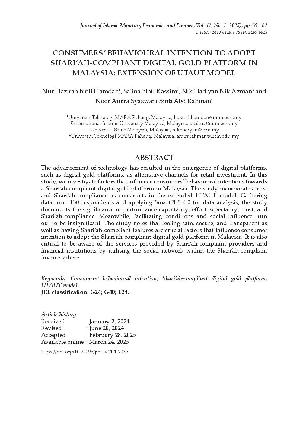 juris Consumers Behavioural Intention to Adopt Shari ah Compliant Digital Gold Platform in Malaysia Extension of UTAUT Model