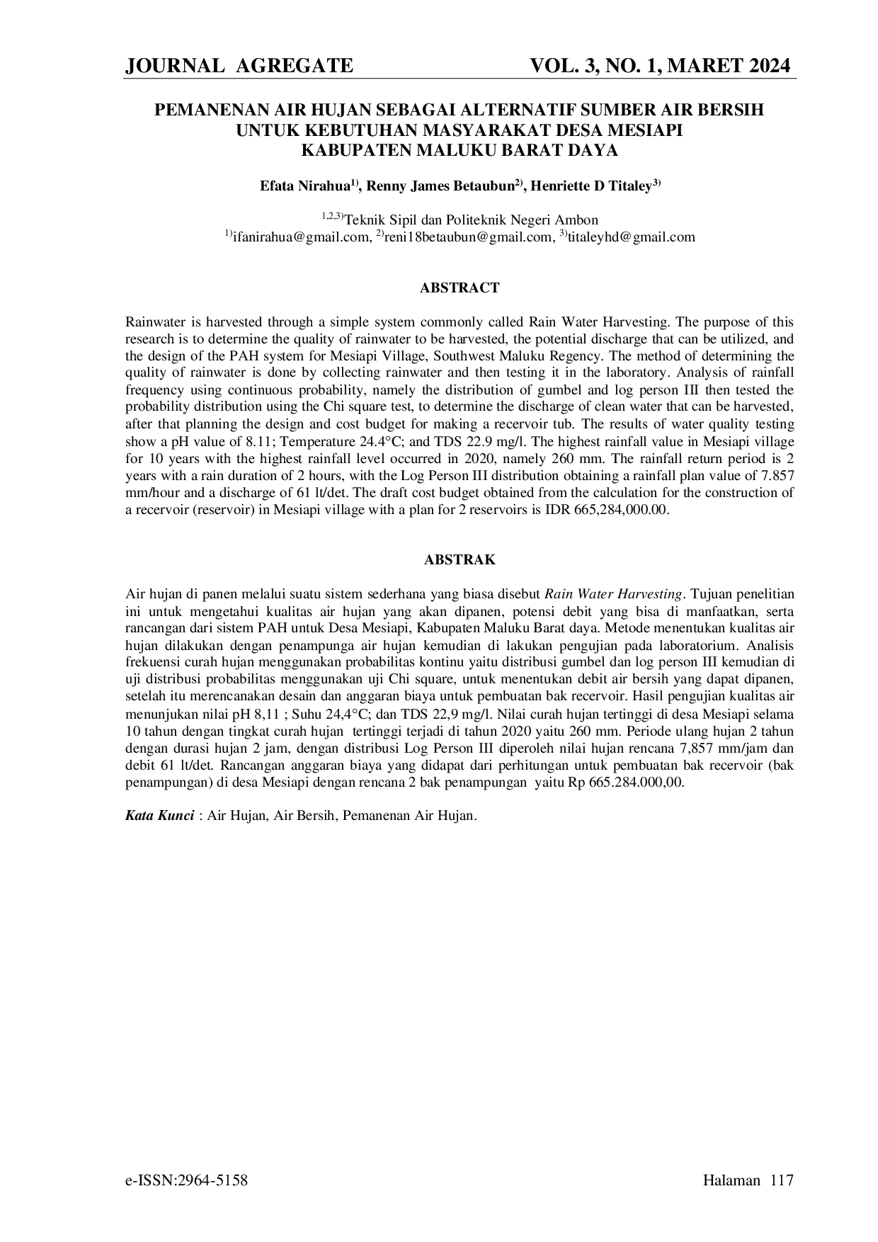 JURIS Pemanenan Air Hujan Sebagai Alternatif Sumber Air Bersih Untuk Kebutuhan Masyarakat Desa Mesiapi Kabupaten Maluku Barat Daya