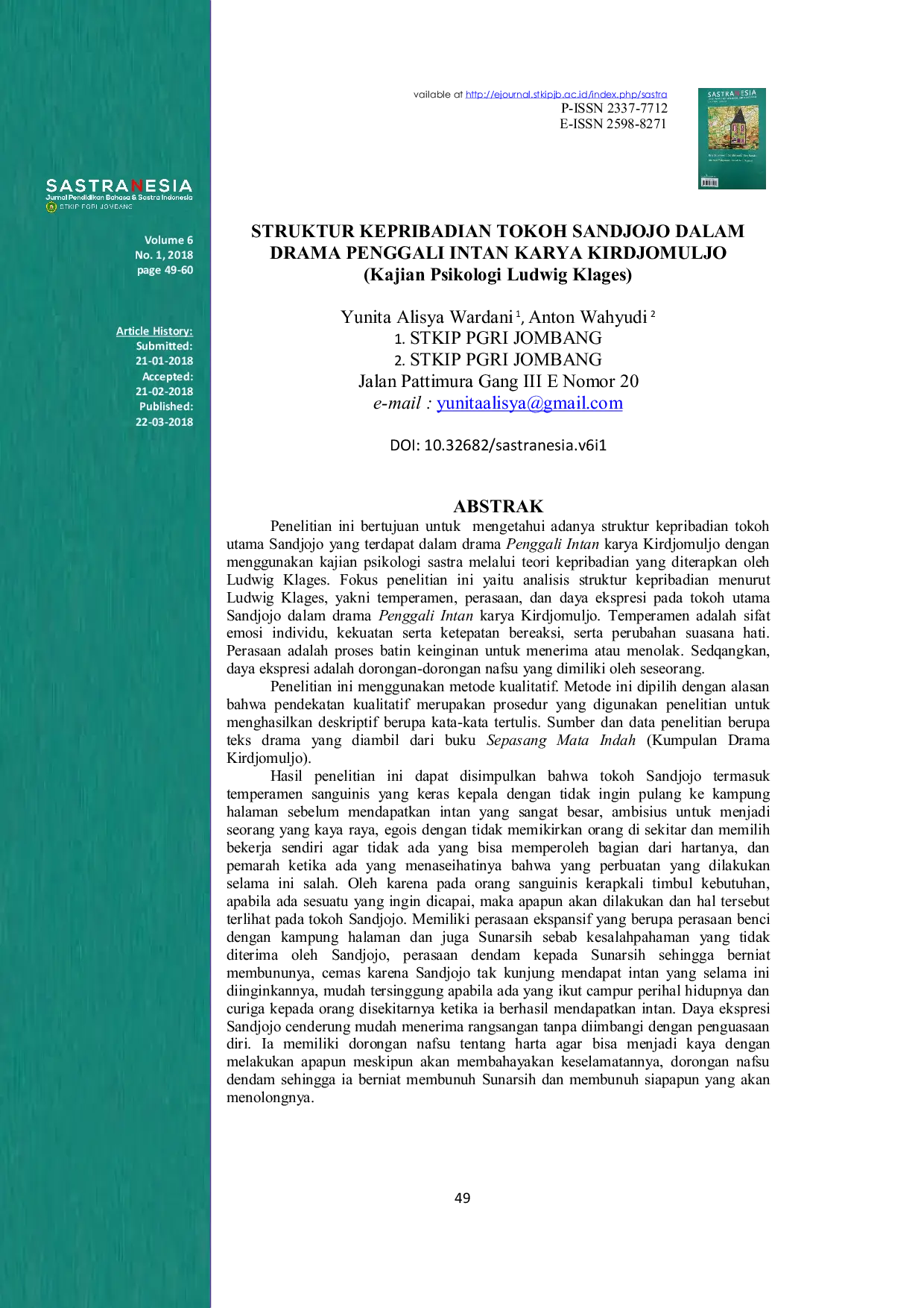 JURIS STRUKTUR KEPRIBADIAN TOKOH SANDJOJO DALAM DRAMA PENGGALI INTAN KARYA KIRDJOMULJO Kajian Psikologi Ludwig Klages