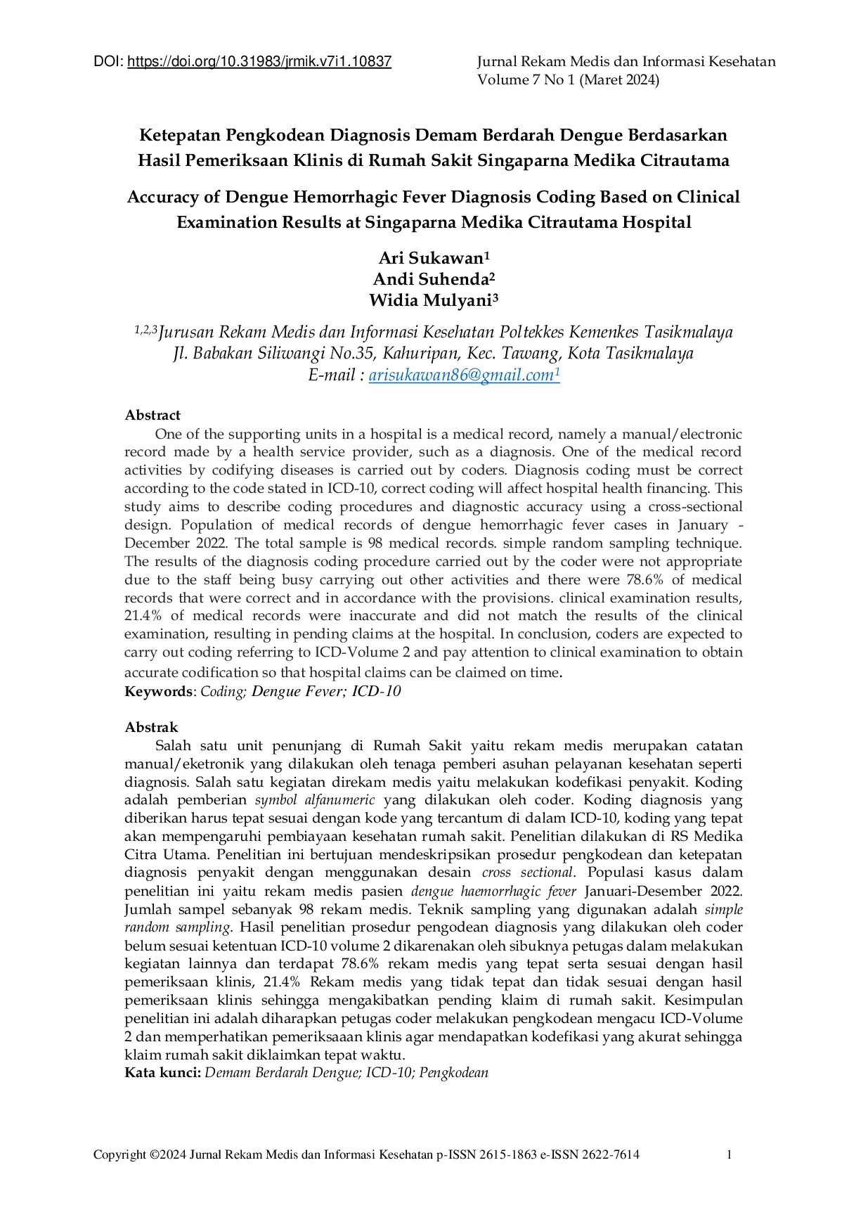JURIS Ketepatan Pengkodean Diagnosis Demam Berdarah Dengue Berdasarkan Hasil Pemeriksaan Klinis di Rumah Sakit Singaparna Medika Citrautama