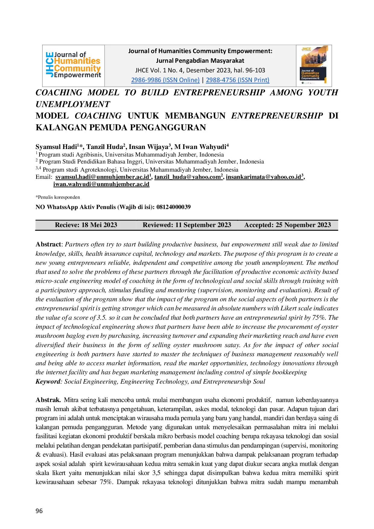 JURIS Coaching Model To Build Entrepreneurship Among Youth Unemployment