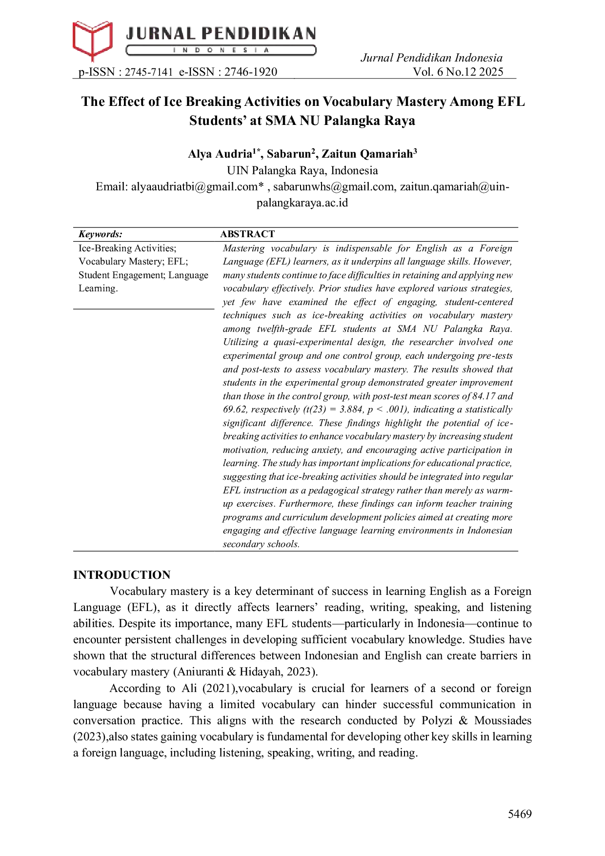 JURIS The Effect of Ice Breaking Activities on Vocabulary Mastery Among EFL Students at SMA NU Palangka Raya