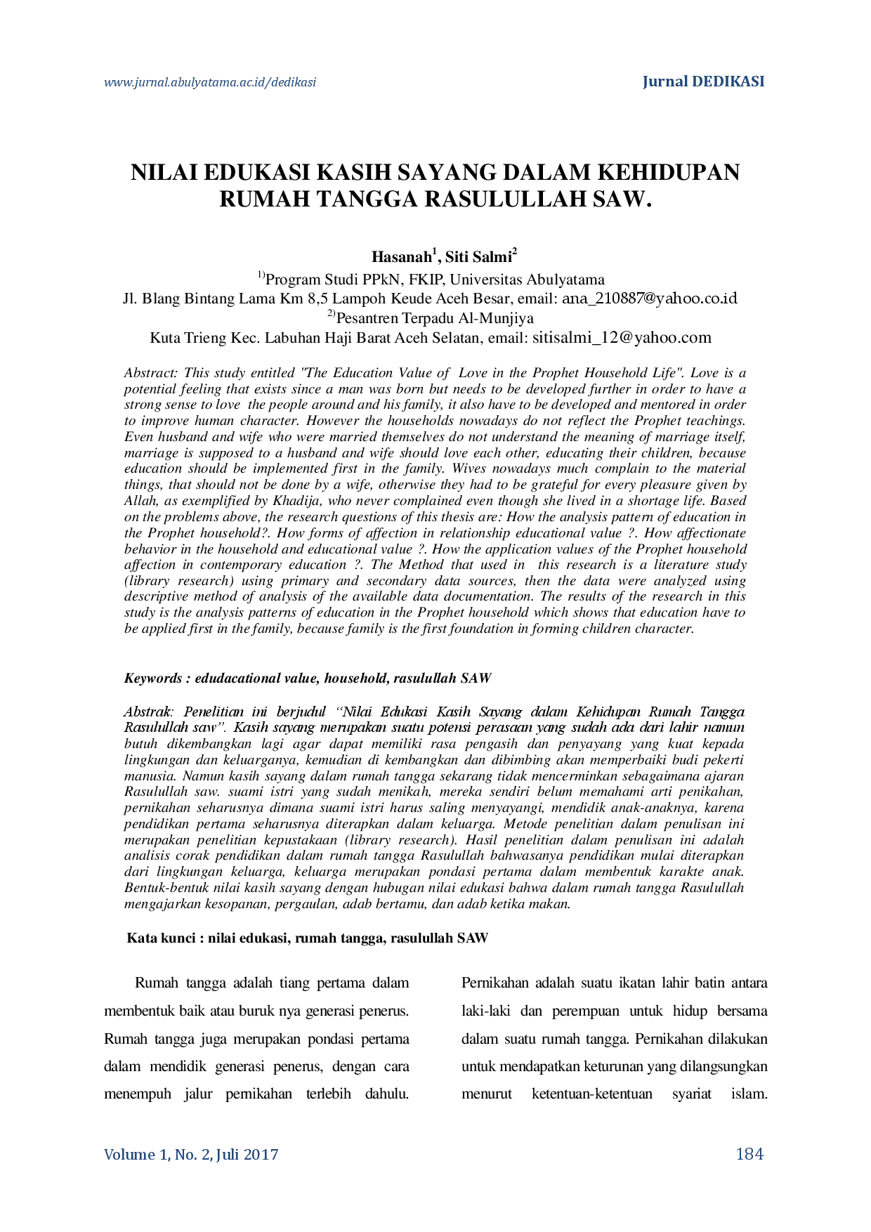 juris Nilai Edukasi Kasih Sayang Dalam Kehidupan Rumah Tangga Rasulullah Saw