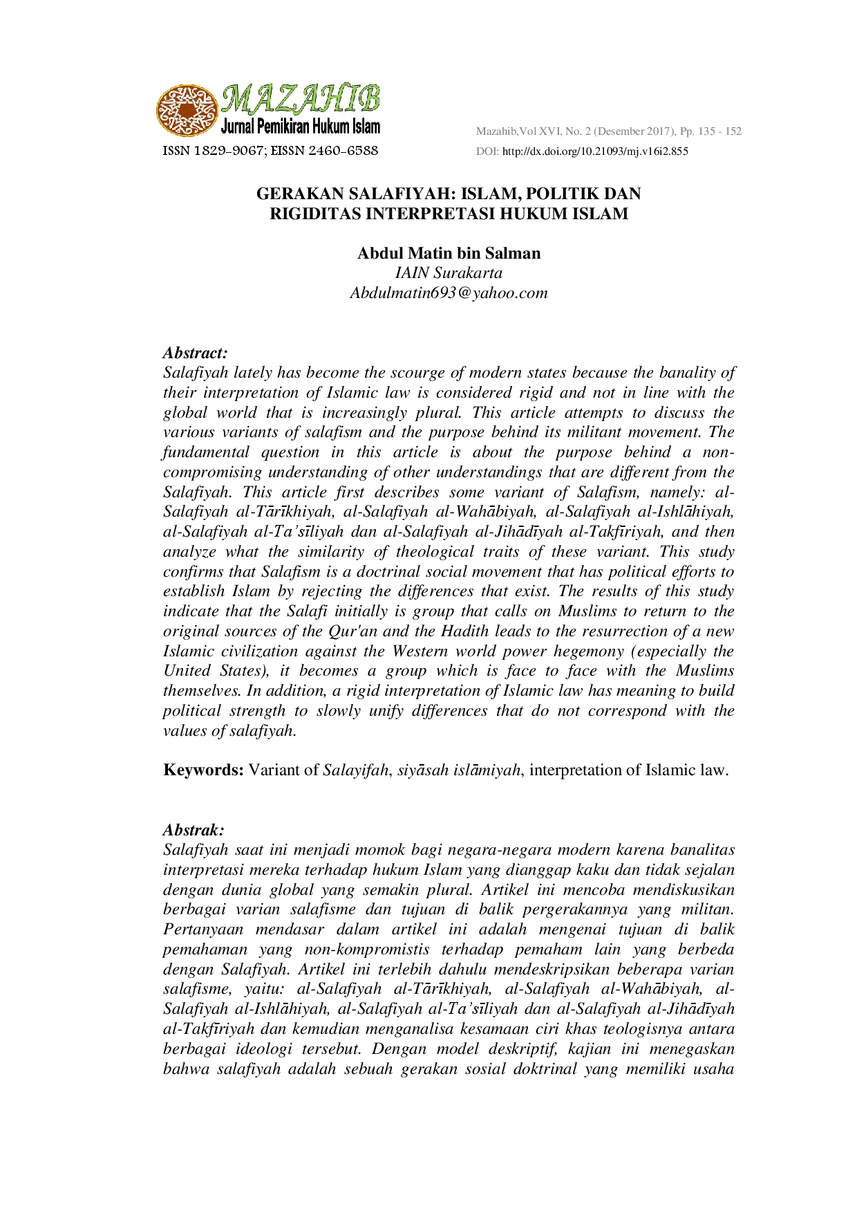 juris Gerakan Salafiyah Islam Politik dan Rigiditas Interpretasi Hukum Islam
