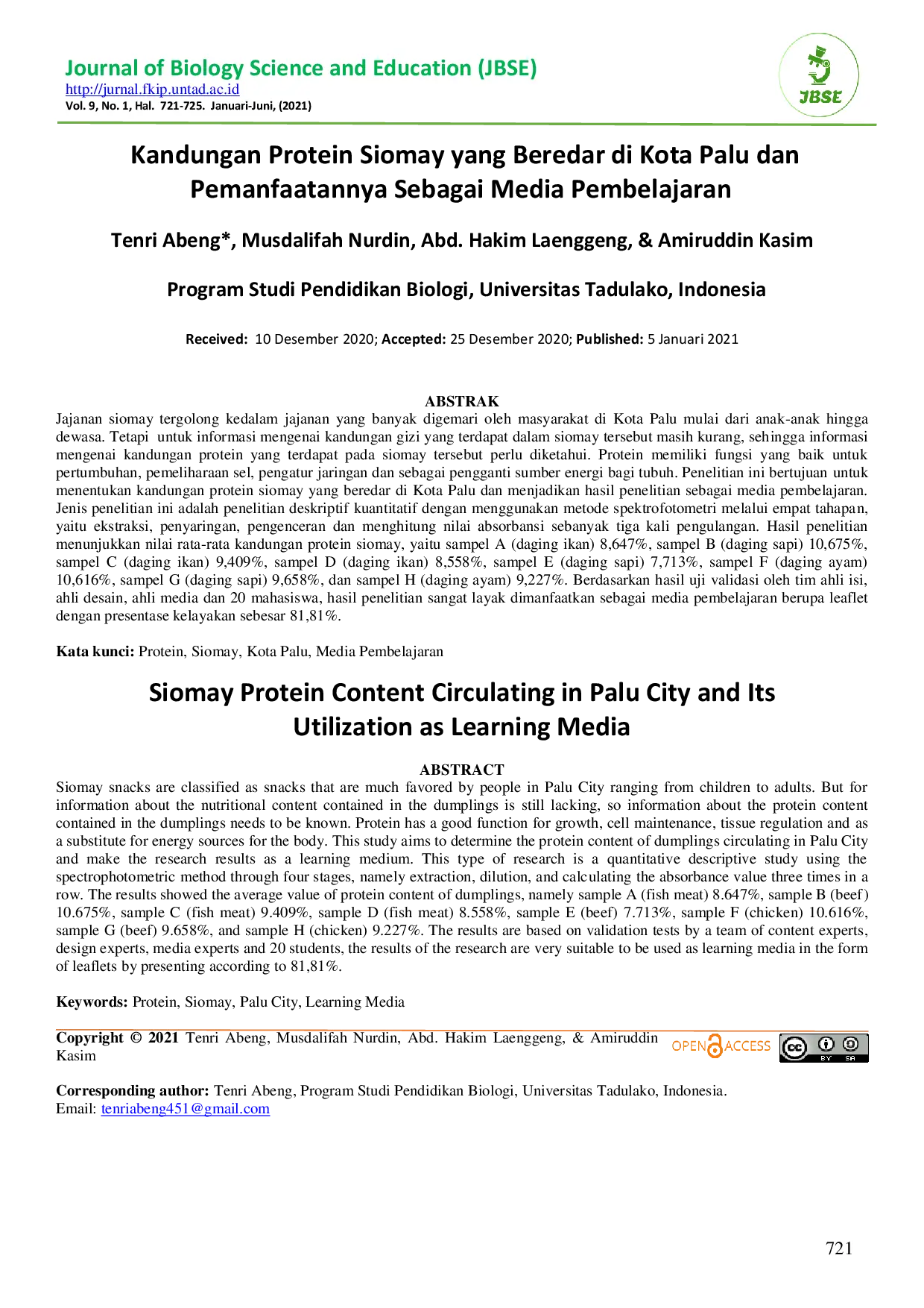 JURIS Kandungan Protein Siomay yang Beredar di Kota Palu dan Pemanfaatannya Sebagai Media Pembelajaran