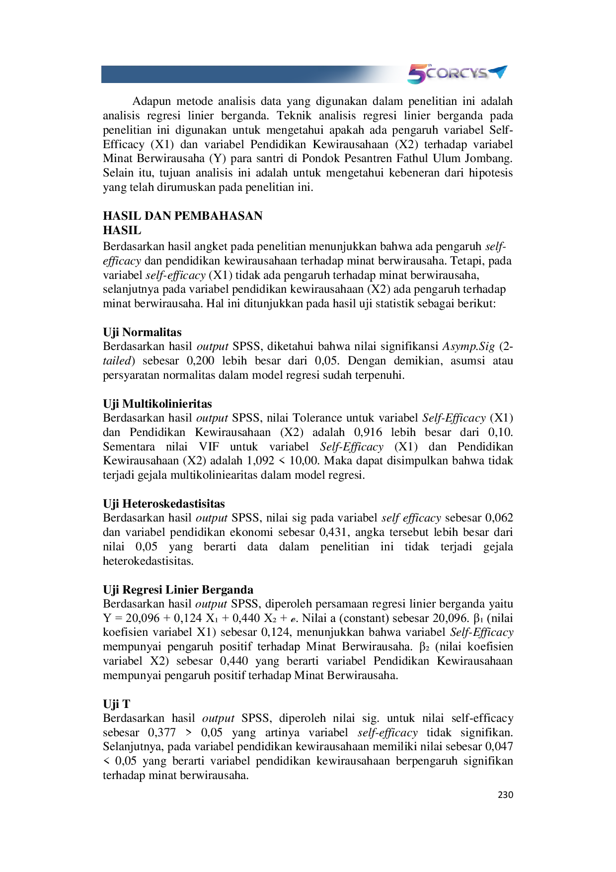 JURIS Pengaruh Self Efficacy Dan Pendidikan Kewirausahaan Terhadap Minat Berwirausaha Para Santri Di Pondok Pesantren Fathul Ulum Jombang