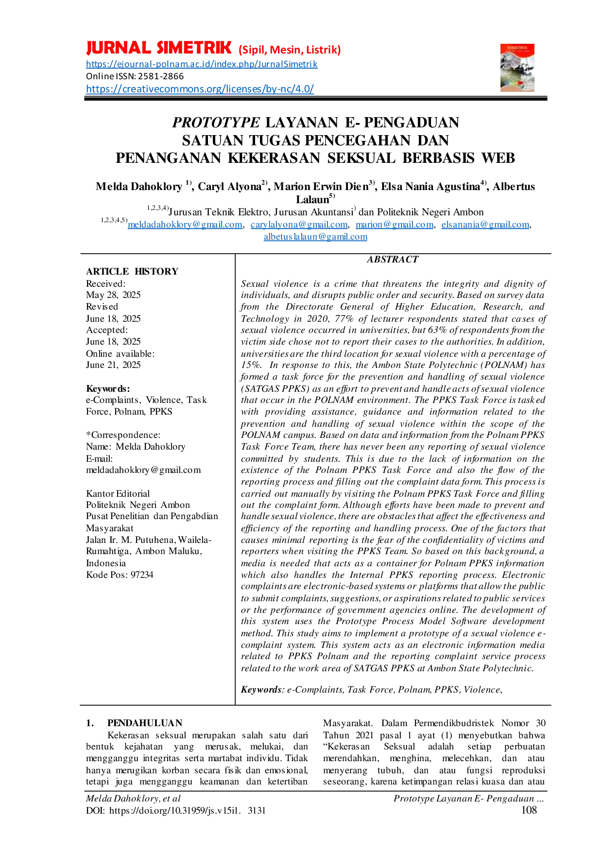 JURIS Prototype Layanan E Pengaduan Satuan Tugas Pencegahan Dan Penanganan Kekerasan Seksual Berbasis Web