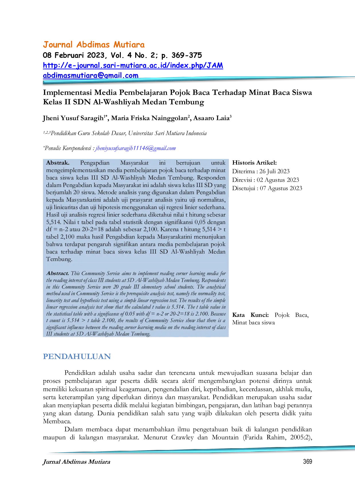 JURIS Implementasi Media Pembelajaran Pojok Baca Terhadap Minat Baca Siswa Kelas II SDN Al Washliyah Medan Tembung