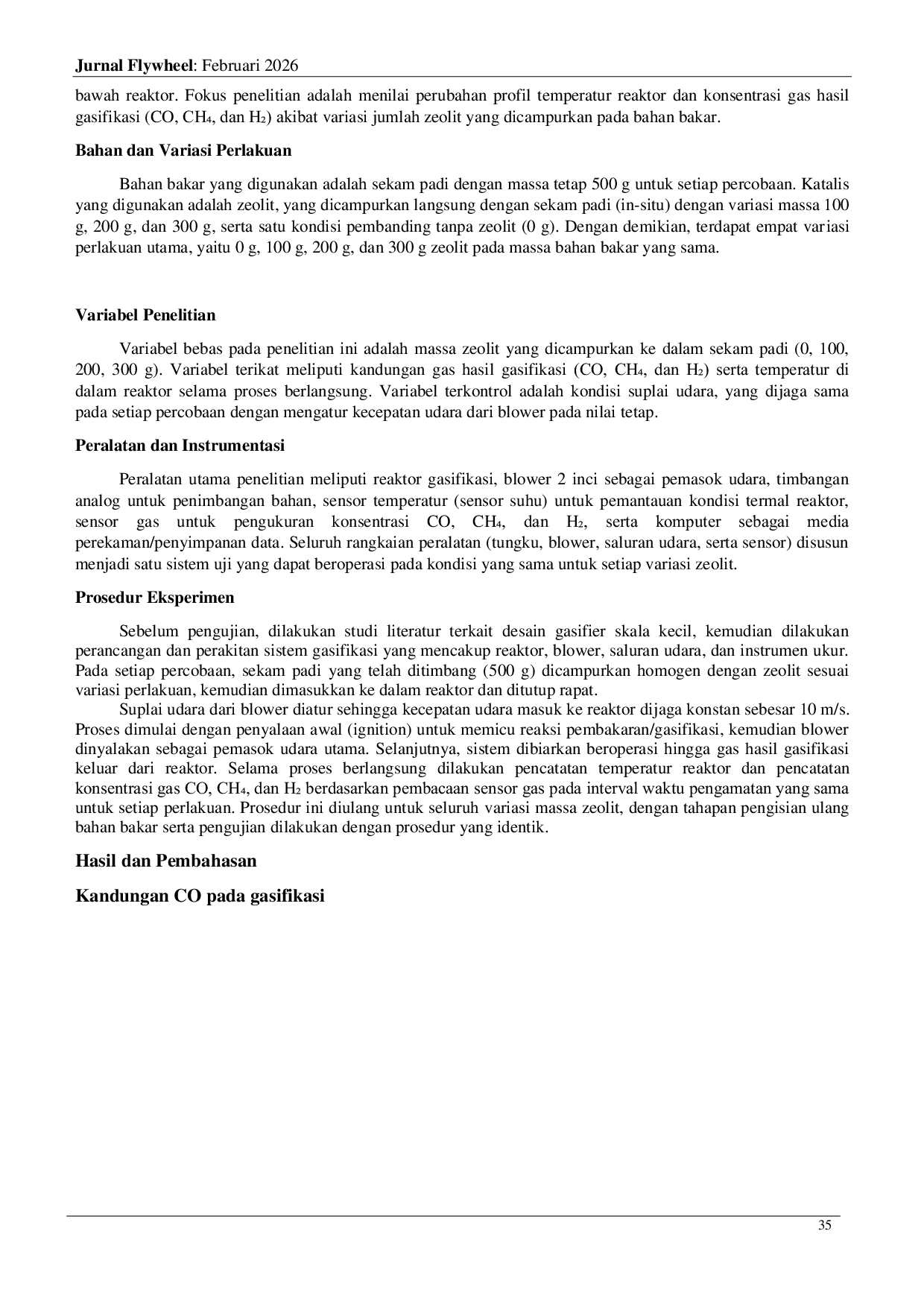 JURIS Pengaruh Penambahan Katalis Zeolit terhadap Kinerja Gasifikasi Sekam Padi dan Karakteristik Syngas